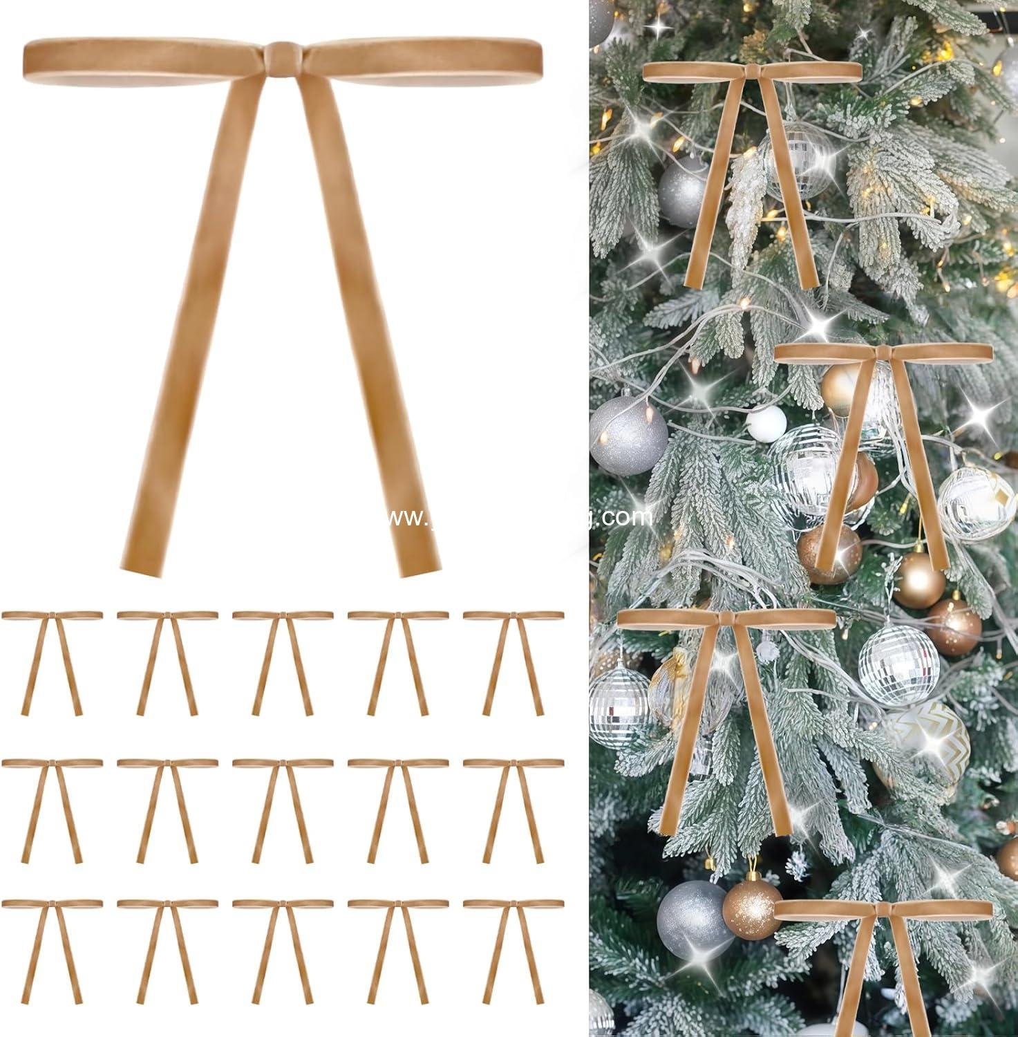 Velvet Christmas Bows (24 Pack) - Premium PreMade Wired Ribbon Bows for Christmas Tree Decor, Xmas Wreaths - Vintage Elegant Holiday Decorations (Khaki)