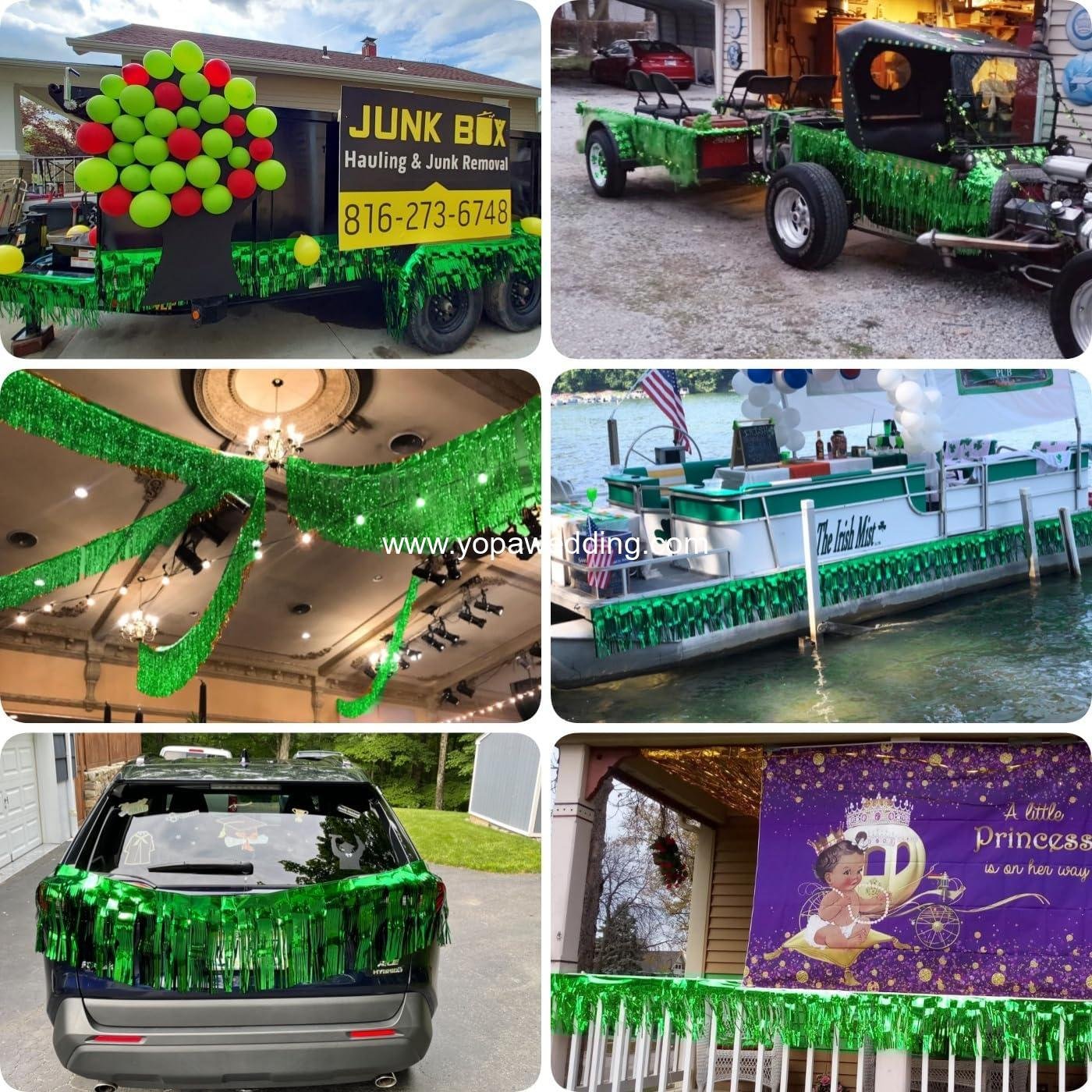 Wholesale 3 Pack Total 30 Feet Green Foil Fringe Garland Metallic Tassel Streamers Wall Hanging Drapes Skirting Decorations for Parade Float Trailer Mardi Gras Birthday St. Patrick's Day Supplier