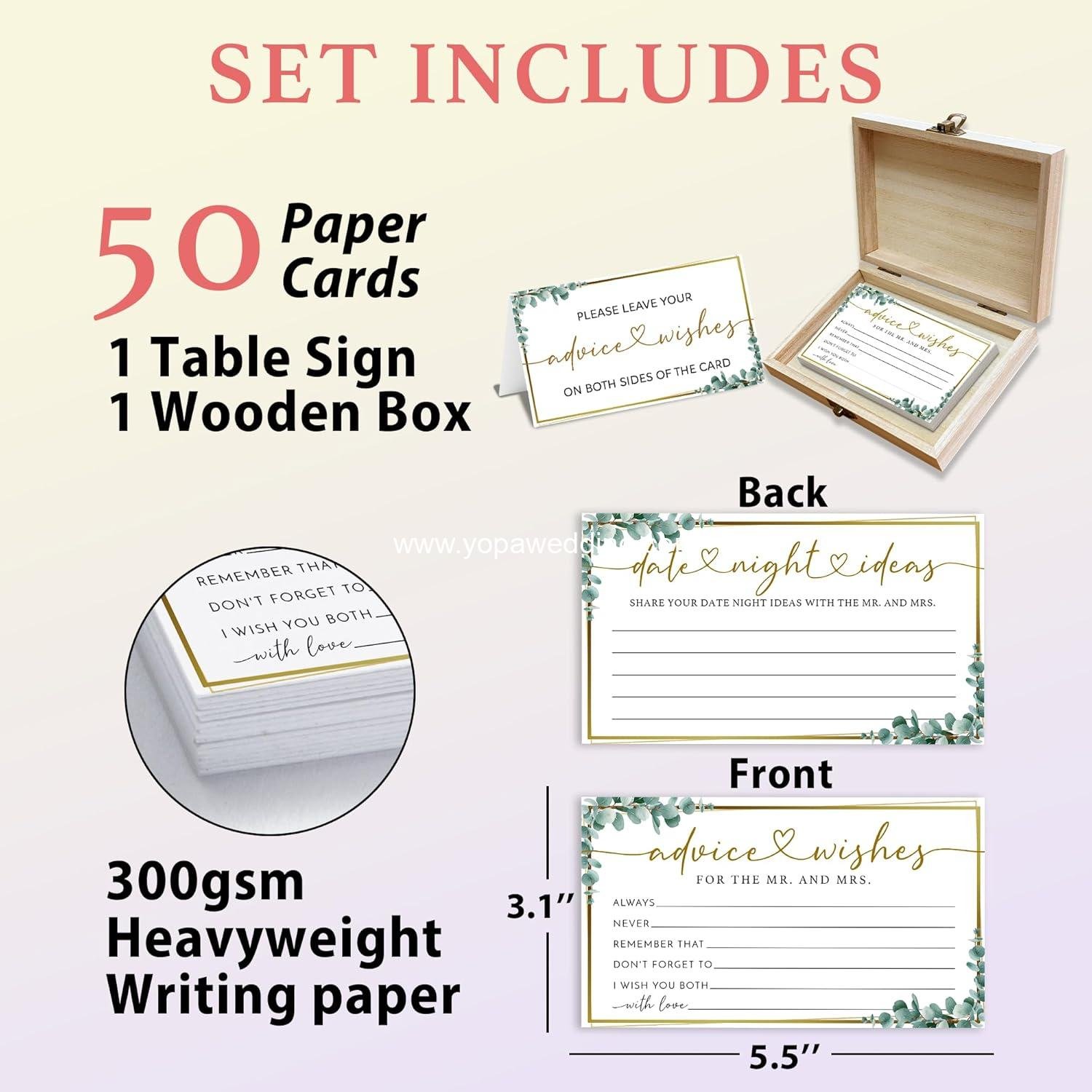 Wholesale 50 Packs Eucalyptus Mr and Mrs Advice Wishes Wedding Cards Bridal Shower Game with Box Reception Guest Book for Bride Groom Newlywed Engagement Party Decoration Supplier