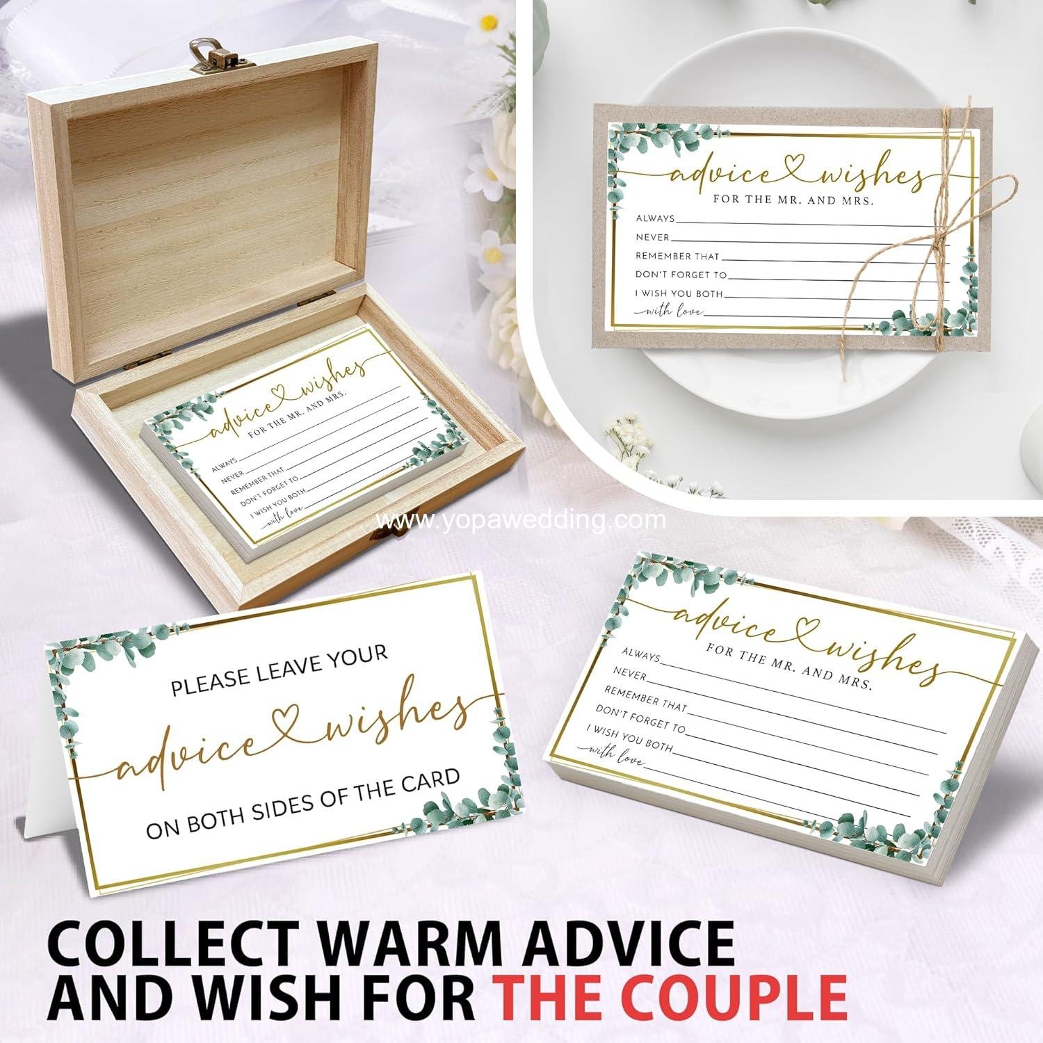 Wholesale 50 Packs Eucalyptus Advice and Wishes for Mr and Mrs Wedding Cards Bridal Shower Game with Box Reception Guest Book for Bride Groom Newlywed Engagement Party Decoration Supplier