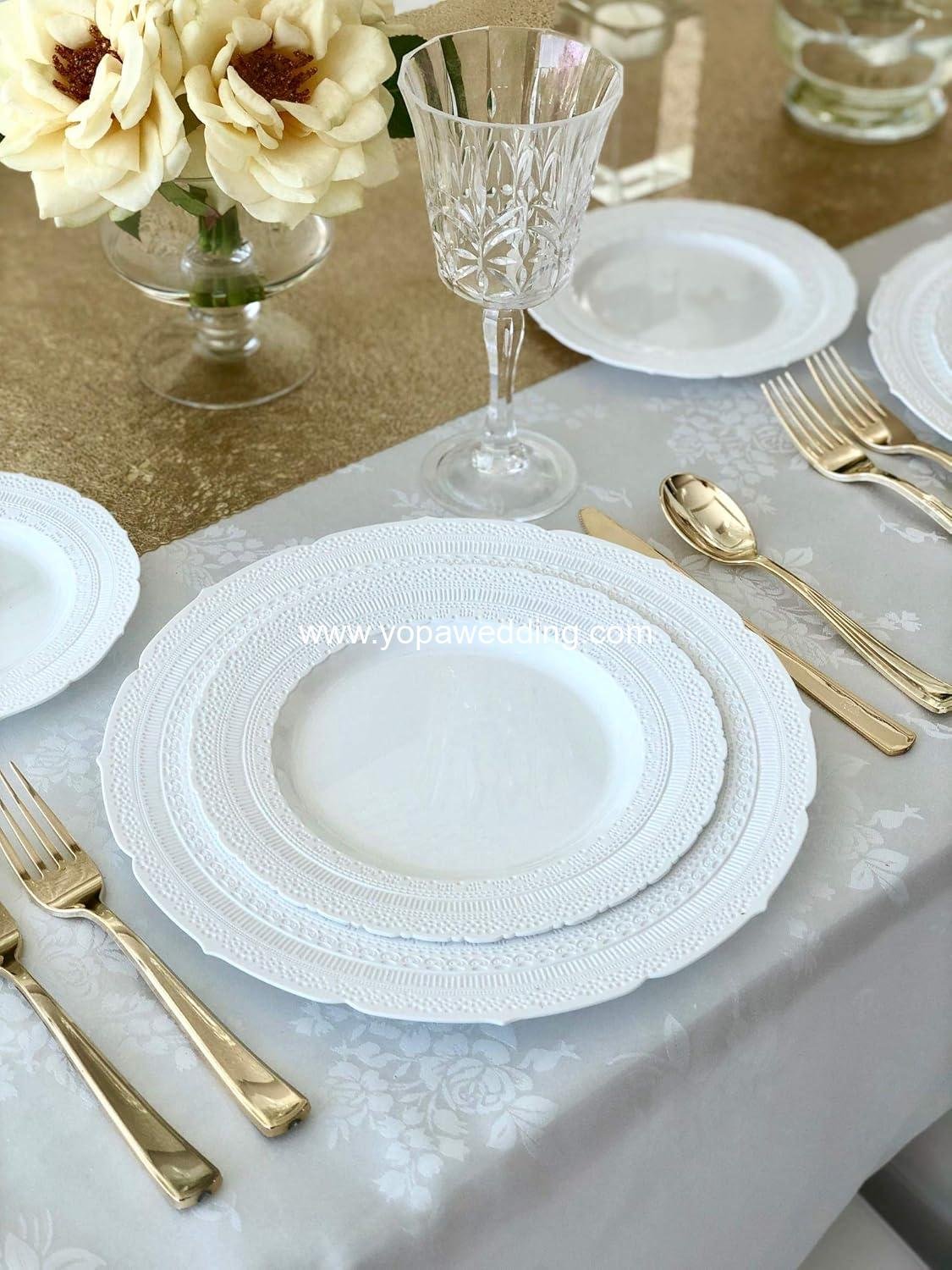 Wholesale Extra Heavyweight Vintage Wedding Disposable Reusable Plastic Plates 240 Pack 120x11'' Dinner + 120x8.25'' Salad Dessert for 120 Guests Chateau White Supplier