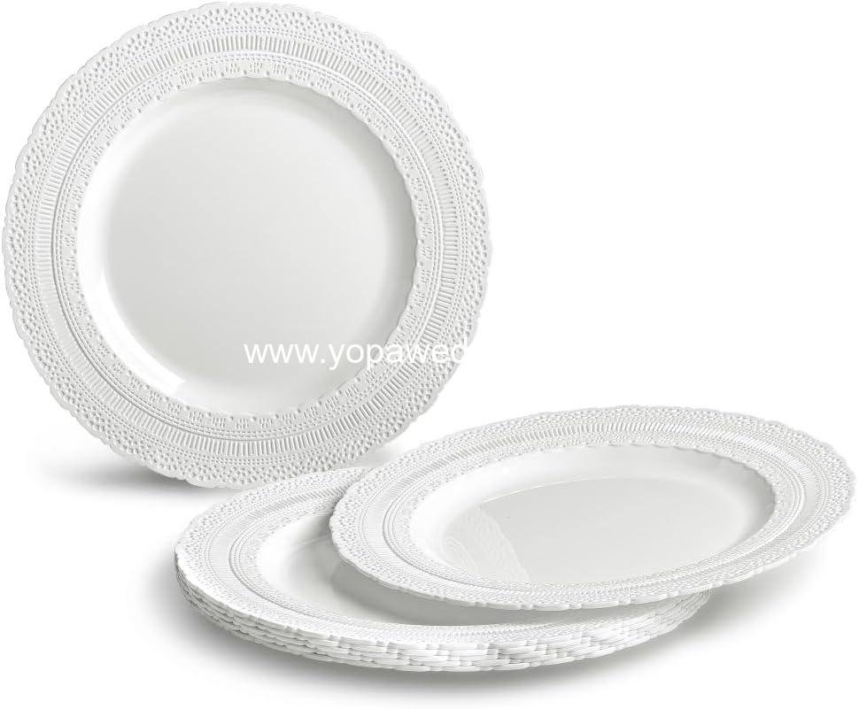 Wholesale Extra Heavyweight Vintage Wedding Disposable Reusable Plastic Plates 240 Pack 120x11'' Dinner + 120x8.25'' Salad Dessert for 120 Guests Chateau White Supplier