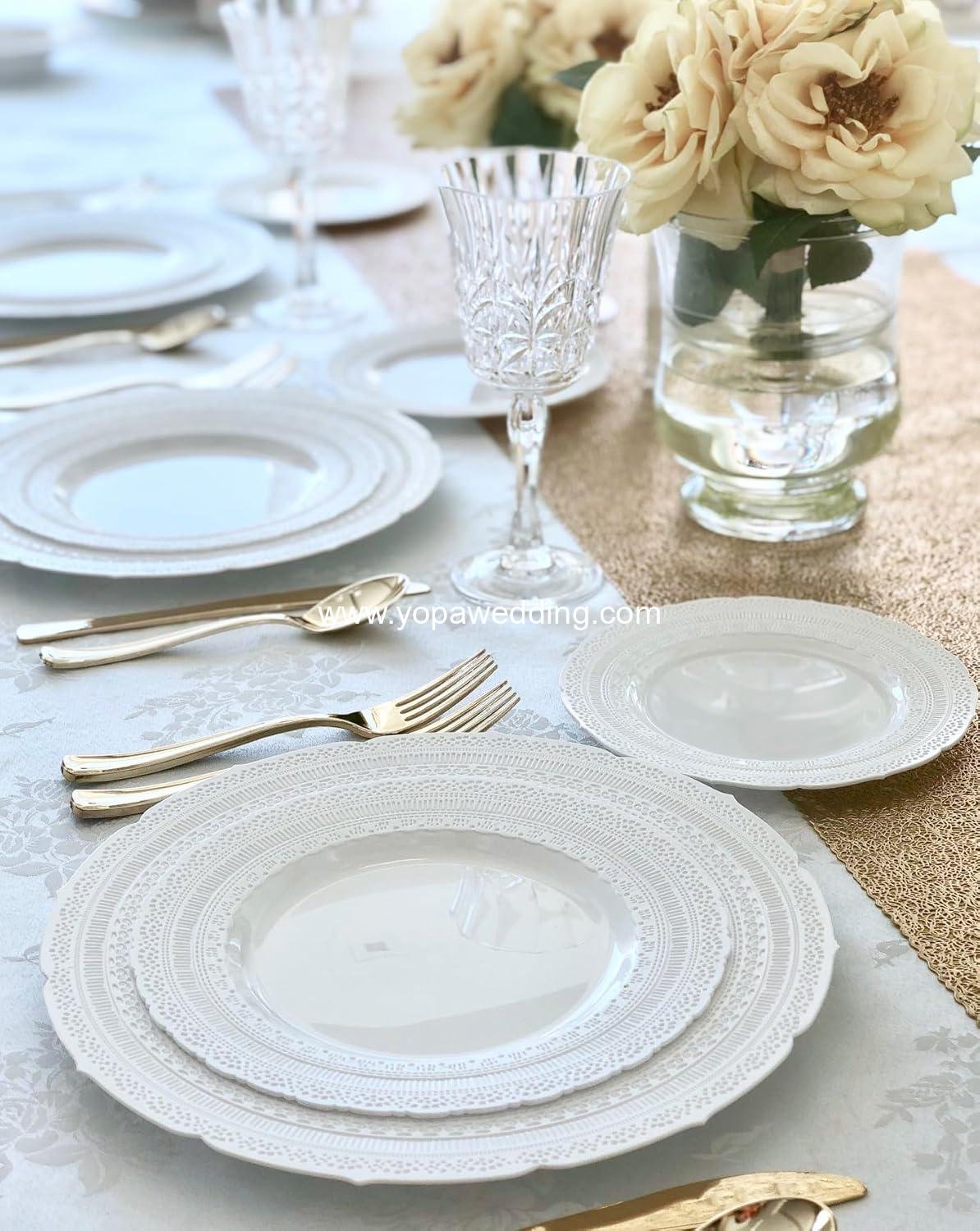 Wholesale Extra Heavyweight Vintage Wedding Disposable Reusable Plastic Plates 240 Pack 120x11'' Dinner + 120x8.25'' Salad Dessert for 120 Guests Chateau White Supplier