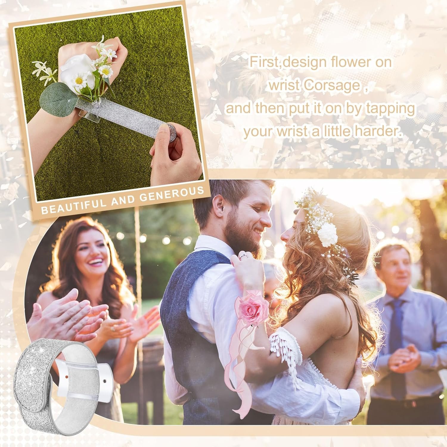 Wholesale 6 Pieces Acrylic Base Floral Wrist Corsage Bracelets Wristlet Bands Wedding DIY Bridesmaid Accessories Bridal Shower Party Prom Supplier