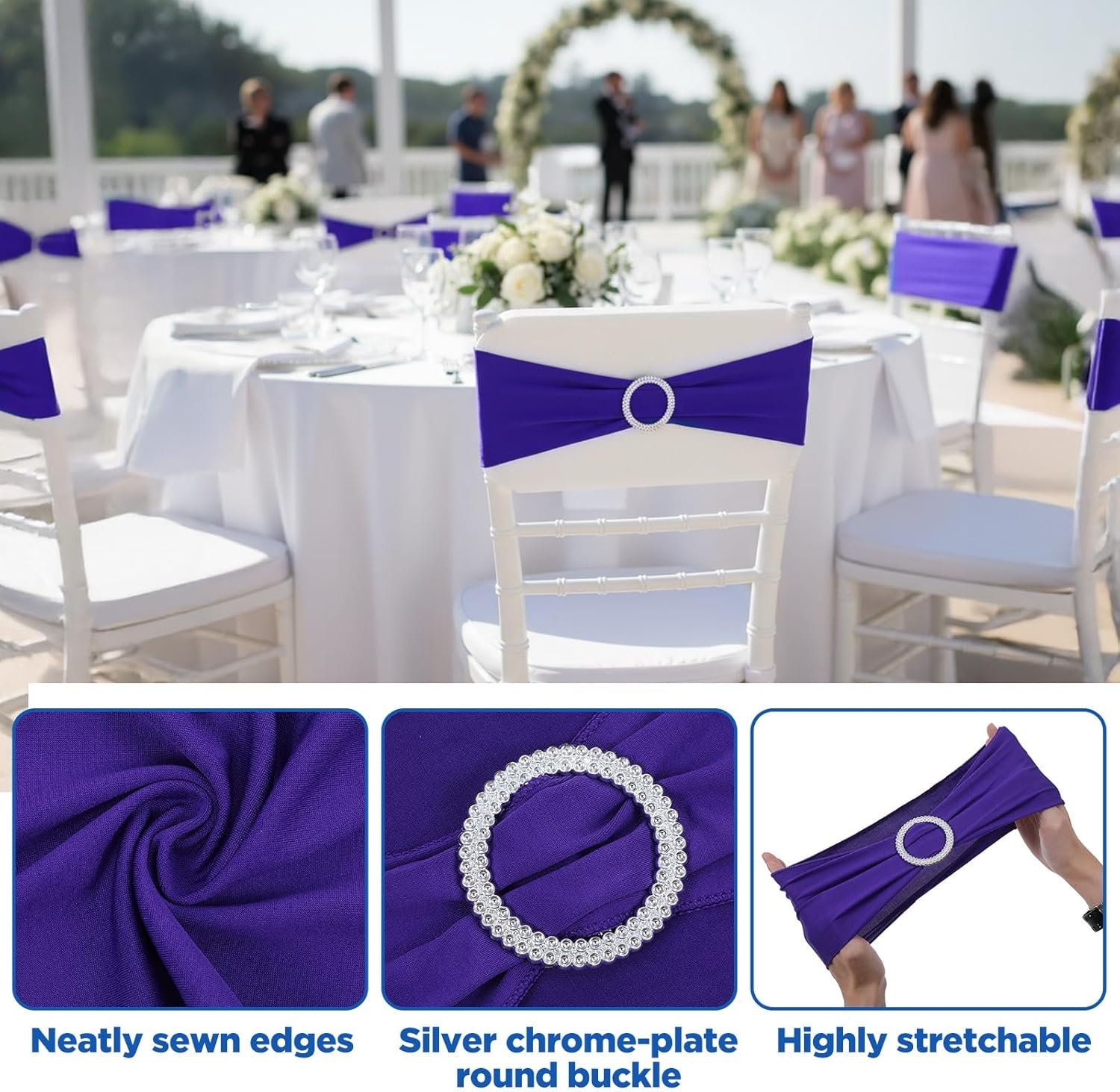 Wholesale 60 PCS Stretch Spandex Chair Sashes Bows Bands with Buckle Wedding Party Baby Shower Banquet Decor Supplier
