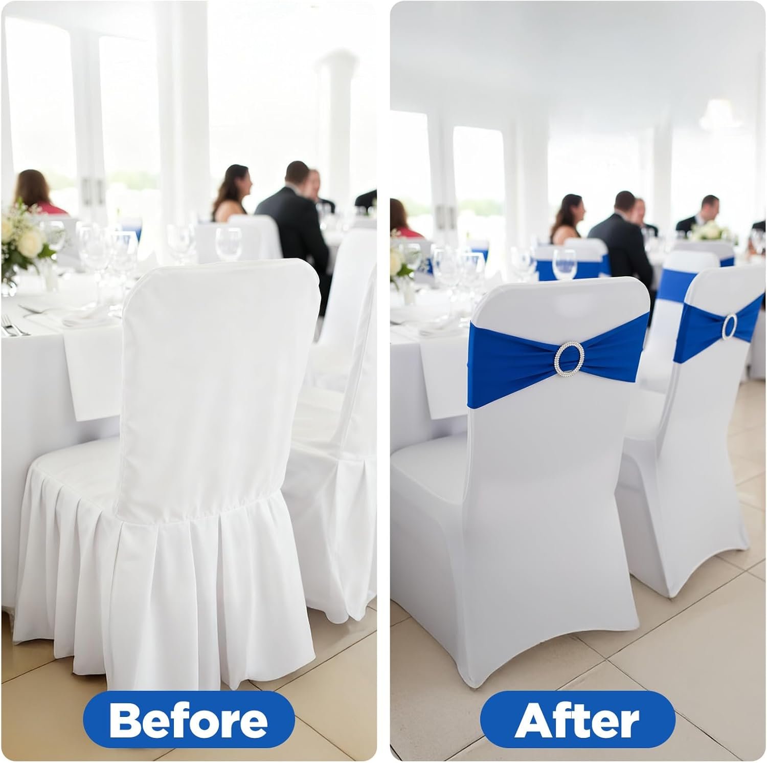 Wholesale 60 PCS Stretch Spandex Chair Sashes Bows Bands with Buckle Wedding Party Baby Shower Banquet Decor Supplier