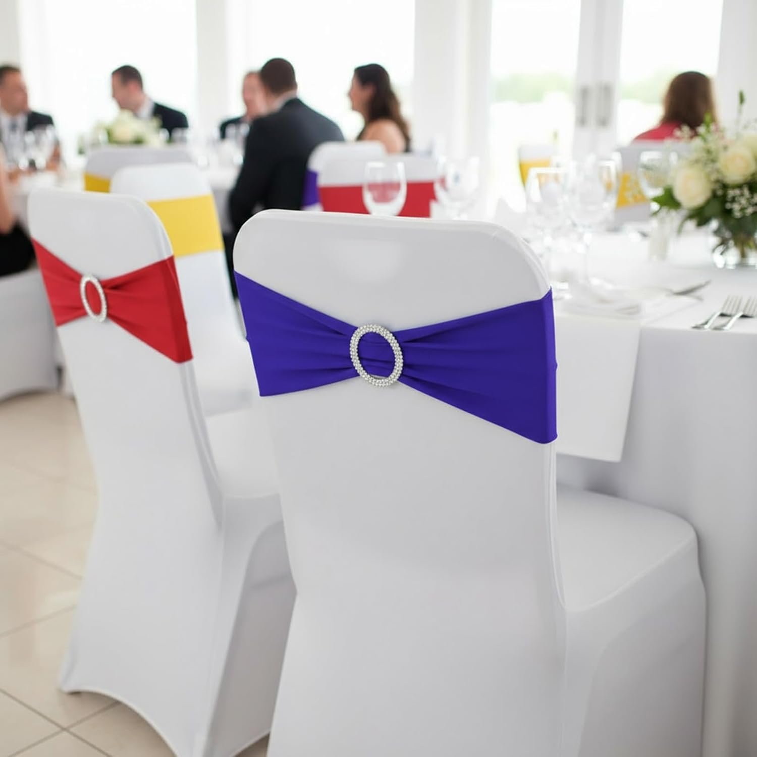 Wholesale 60 PCS Stretch Spandex Chair Sashes Bows Bands with Buckle Wedding Party Baby Shower Banquet Decor Supplier