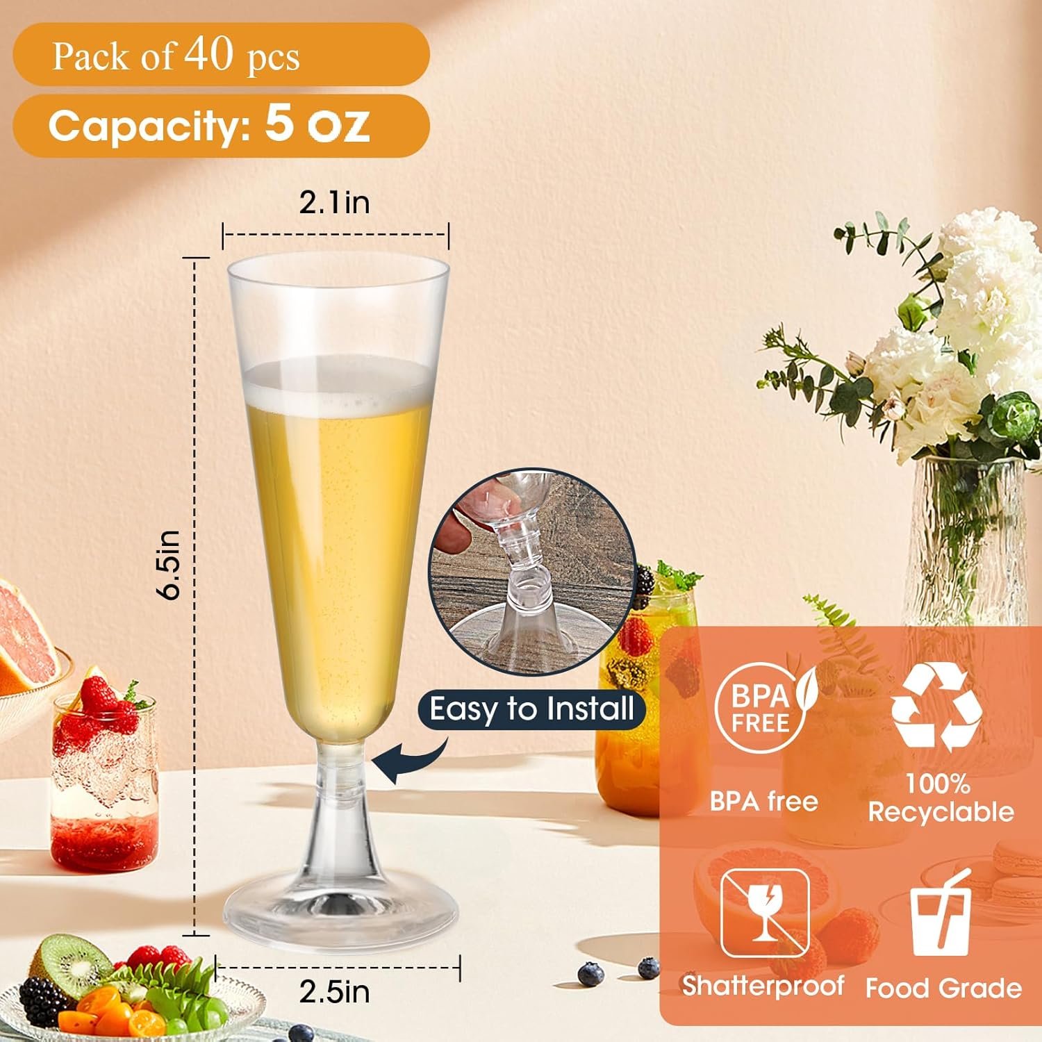 Wholesale 40 Pack 5oz Clear Plastic Disposable Champagne Flutes Mimosa Glasses Cocktail Cups Bulk Wedding Party Supplies Supplier