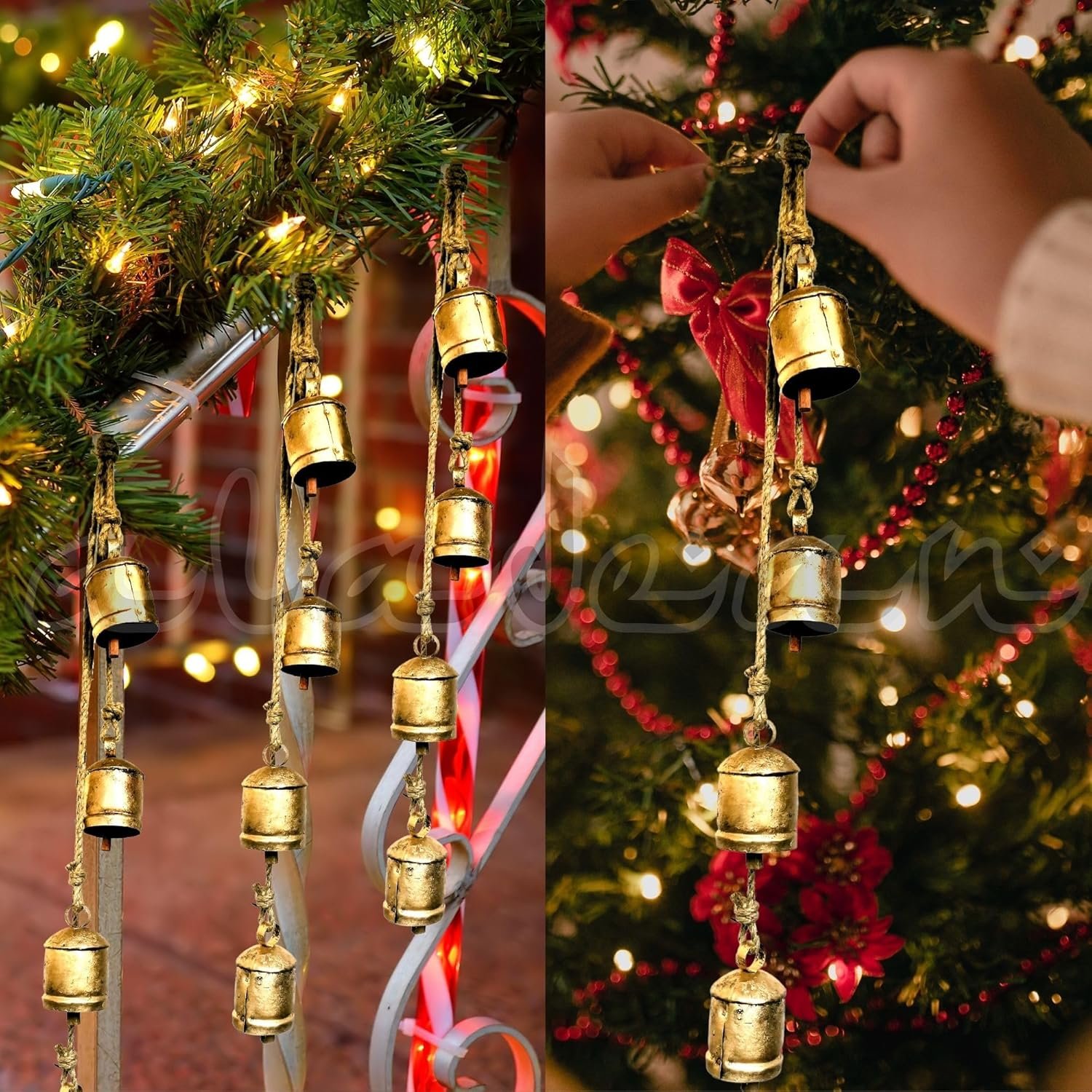 Wholesale Rustic Decorative 4-Bell Cluster Cow Bells Shabby Chic Vintage Brass Coated Jute Rope Hanging Gold Christmas Bells (4pc 10cm) Supplier