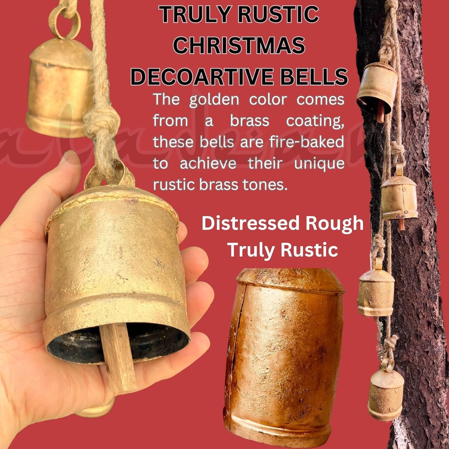 Wholesale Rustic Decorative 4-Bell Cluster Cow Bells Shabby Chic Vintage Brass Coated Jute Rope Hanging Gold Christmas Bells (4pc 10cm) Supplier