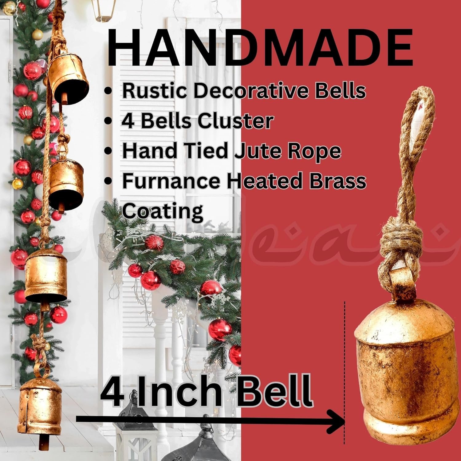Wholesale Rustic Decorative 4-Bell Cluster Cow Bells Shabby Chic Vintage Brass Coated Jute Rope Hanging Gold Christmas Bells (4pc 10cm) Supplier
