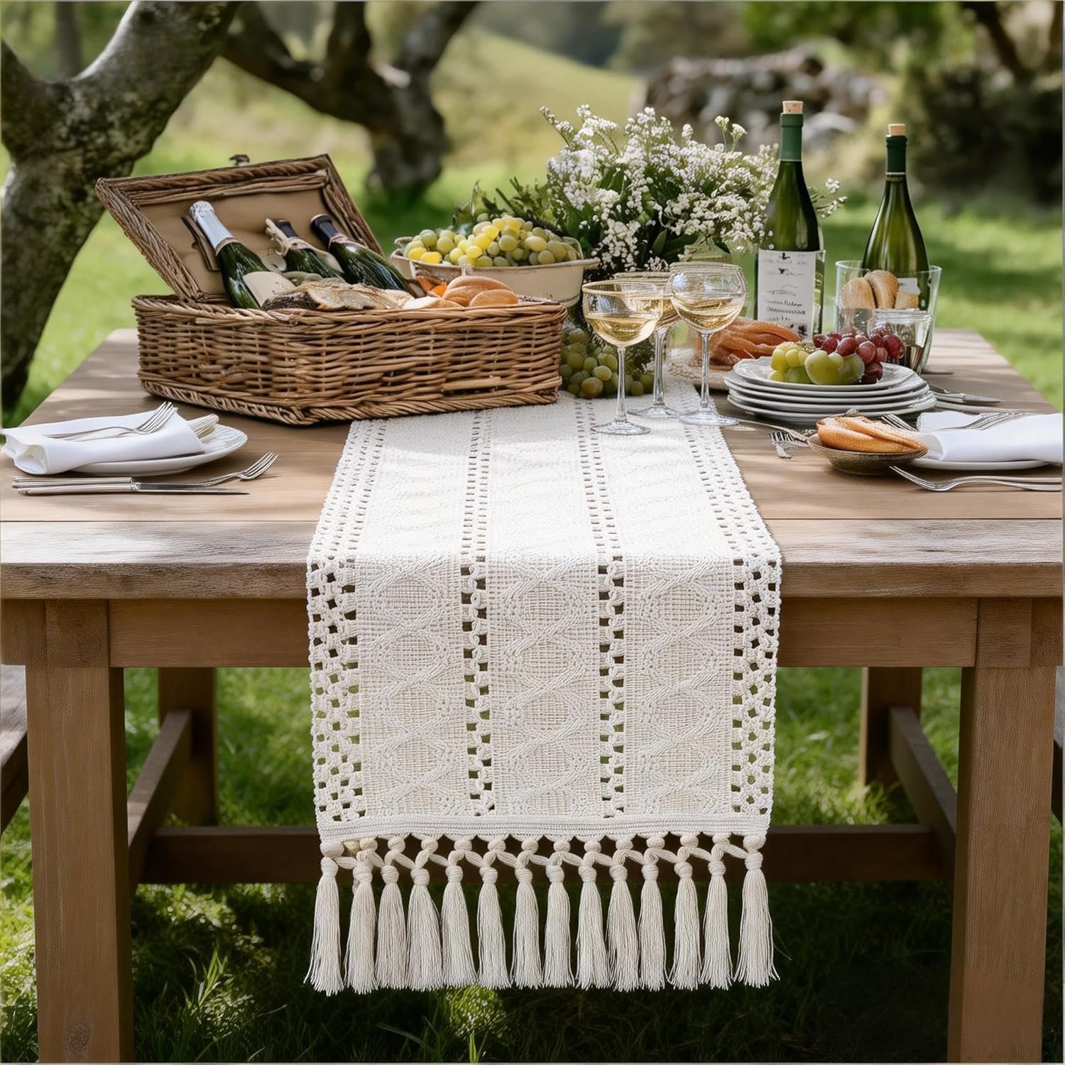 Wholesale Boho Table Runner Valentine's Day Farmhouse Rustic Macrame Woven Cotton Linen Centerpiece Decor 12x72 Inch Beige Supplier