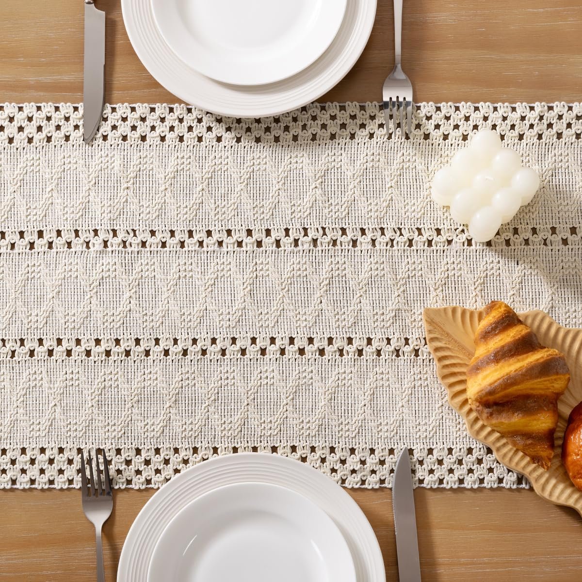 Wholesale Boho Table Runner Valentine's Day Farmhouse Rustic Macrame Woven Cotton Linen Centerpiece Decor 12x72 Inch Beige Supplier