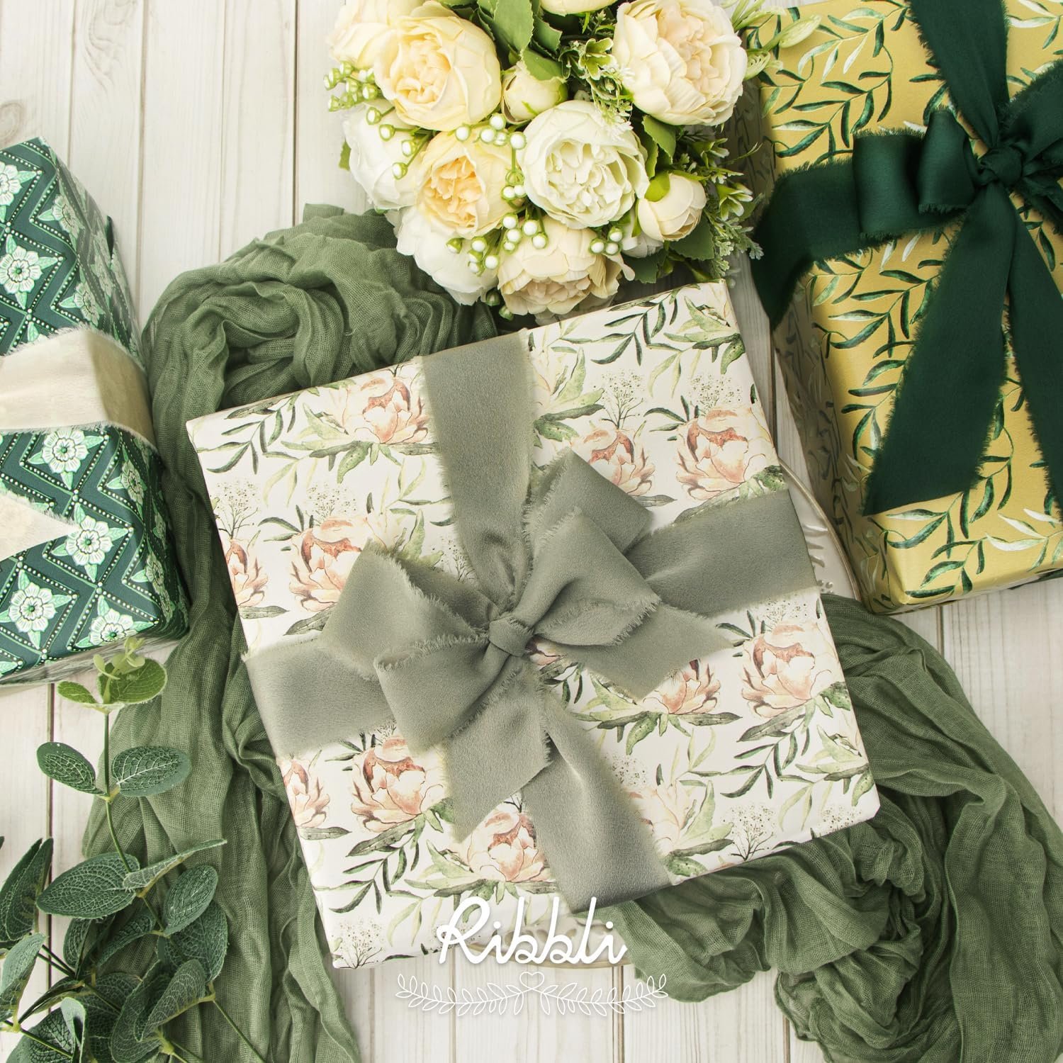 Wholesale Dusty Sage Green Silk Satin Frayed Chiffon Ribbon 1.5 Inch x 30 Yard Handmade for Gift Wrapping Wedding Invitations Bridal Bouquets Home Decor Supplier