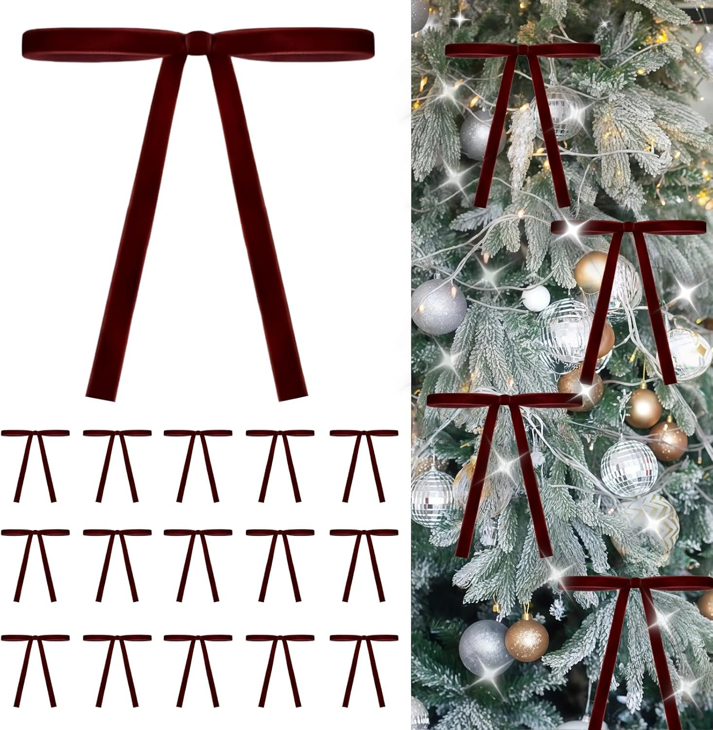 Velvet Christmas Bows (24 Pack) - Premium PreMade Wired Ribbon Bows for Christmas Tree Decor, Xmas Wreaths - Vintage Elegant Holiday Decorations (Burgundy)