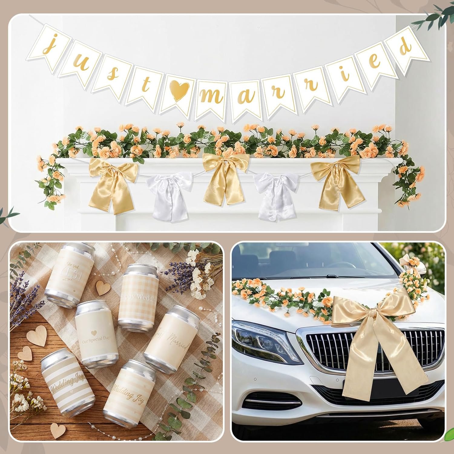 Wholesale 19 Pcs Just Married Car Decoration Wedding Banner Sticker Artificial Flower Window Decal Bow Wreath Ribbon Honeymoon Reception Ceremony Party Photo Prop Champagne Gold Supplier