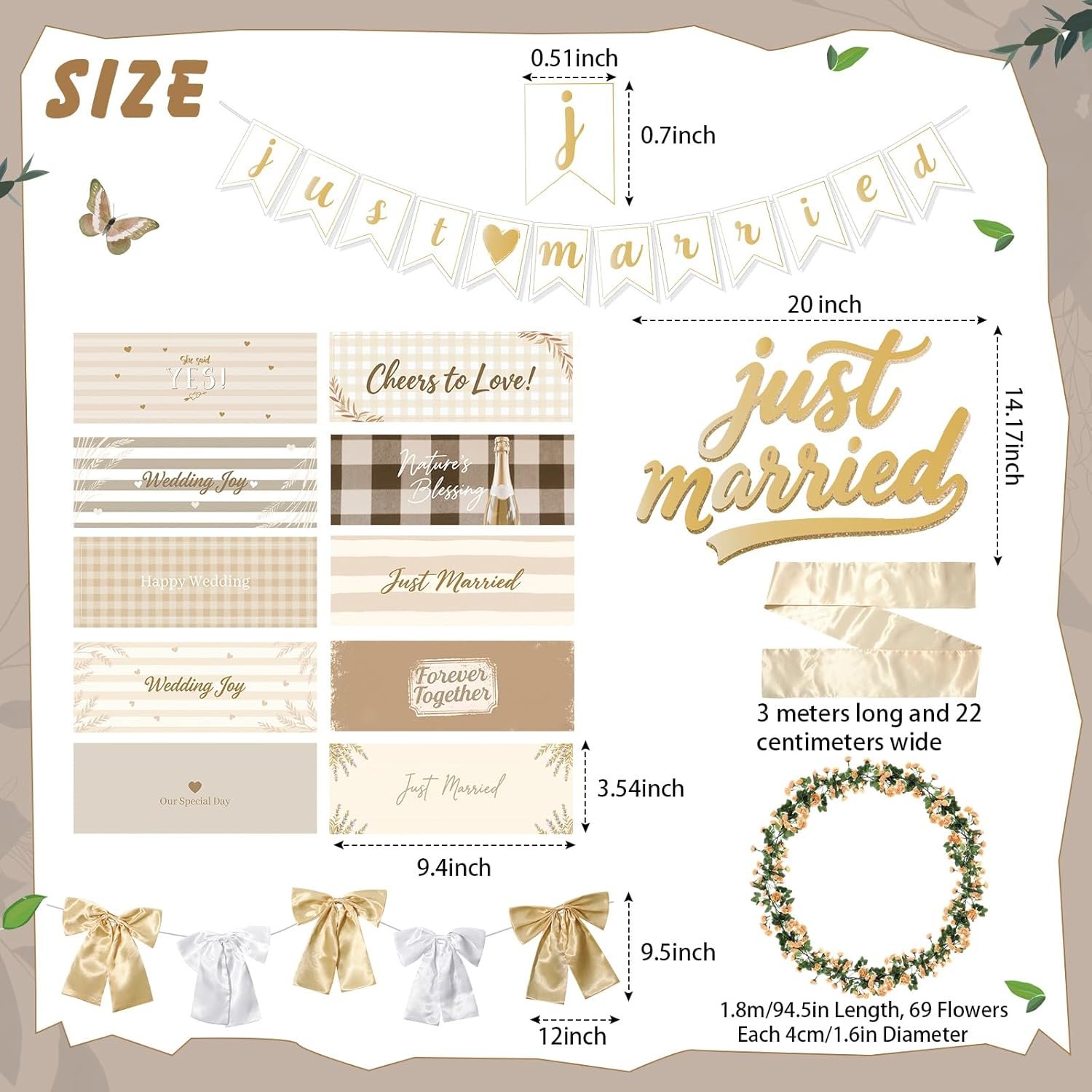 Wholesale 19 Pcs Just Married Car Decoration Wedding Banner Sticker Artificial Flower Window Decal Bow Wreath Ribbon Honeymoon Reception Ceremony Party Photo Prop Champagne Gold Supplier