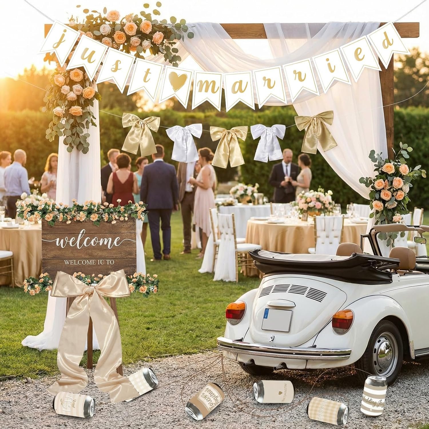 Wholesale 19 Pcs Just Married Car Decoration Wedding Banner Sticker Artificial Flower Window Decal Bow Wreath Ribbon Honeymoon Reception Ceremony Party Photo Prop Champagne Gold Supplier