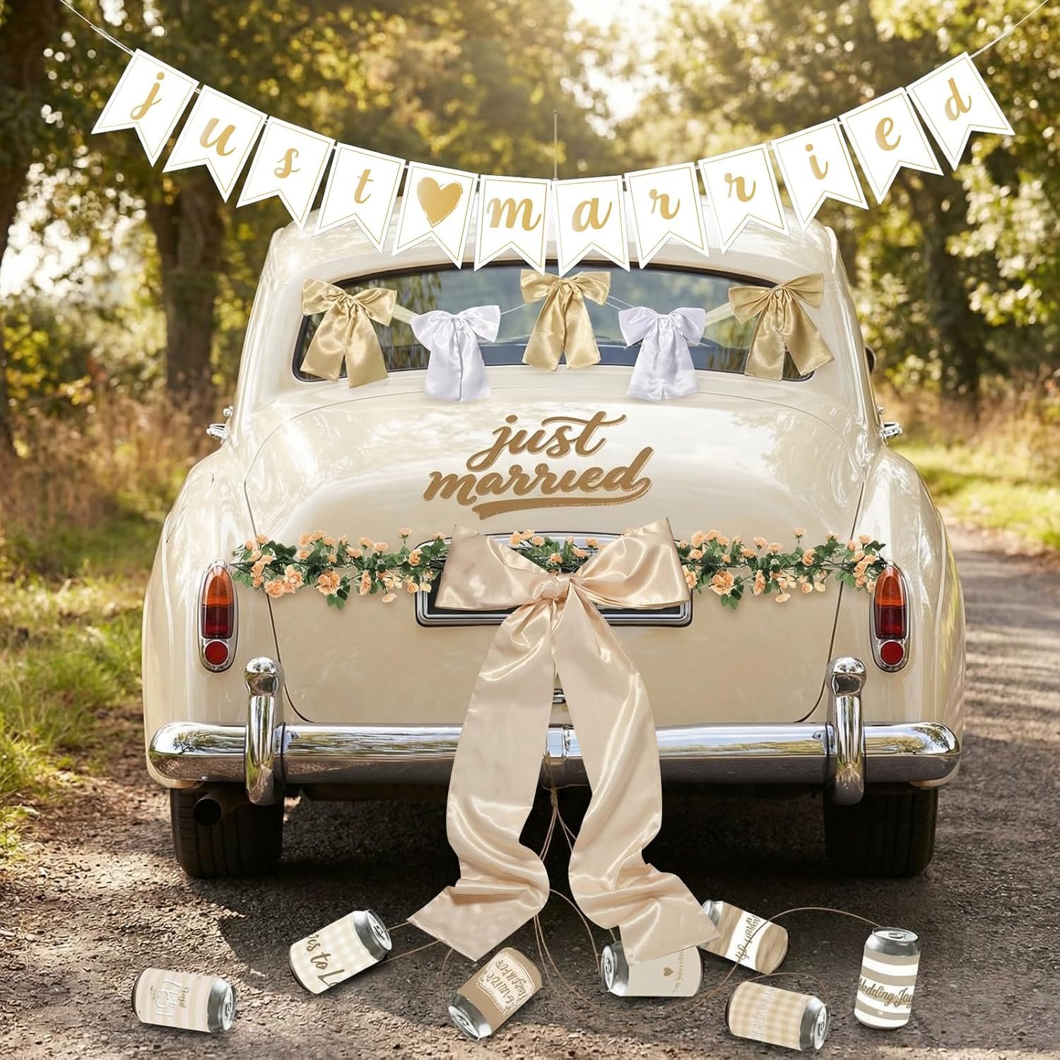 Wholesale 19 Pcs Just Married Car Decoration Wedding Banner Sticker Artificial Flower Window Decal Bow Wreath Ribbon Honeymoon Reception Ceremony Party Photo Prop Champagne Gold Supplier