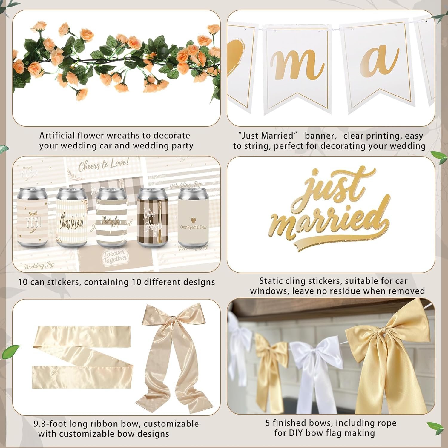 Wholesale 19 Pcs Just Married Car Decoration Wedding Banner Sticker Artificial Flower Window Decal Bow Wreath Ribbon Honeymoon Reception Ceremony Party Photo Prop Champagne Gold Supplier