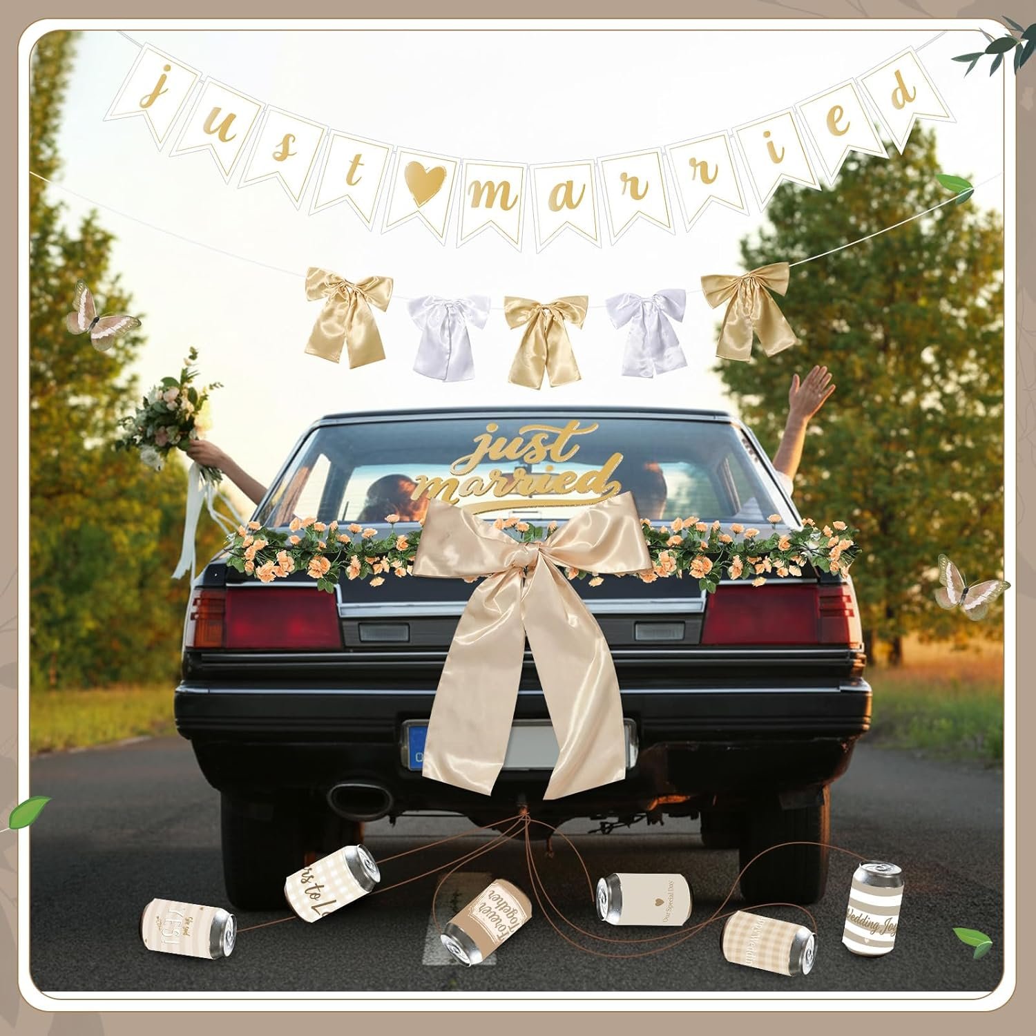 Wholesale 19 Pcs Just Married Car Decoration Wedding Banner Sticker Artificial Flower Window Decal Bow Wreath Ribbon Honeymoon Reception Ceremony Party Photo Prop Champagne Gold Supplier