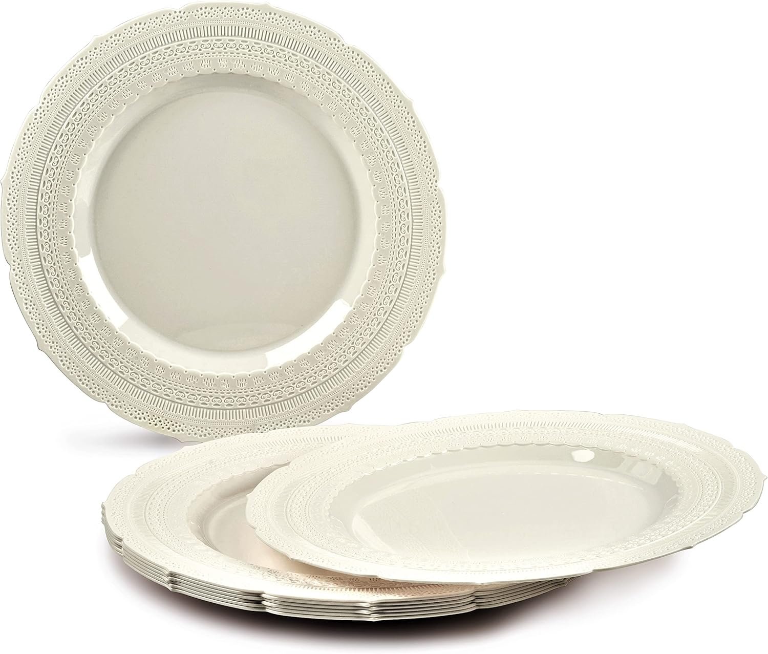Wholesale 120 Pack Extra Heavyweight Vintage Wedding Disposable Reusable Plastic Plates 60x11'' Dinner + 60x8.25'' Salad Dessert for 60 Guests Chateau Ivory Supplier