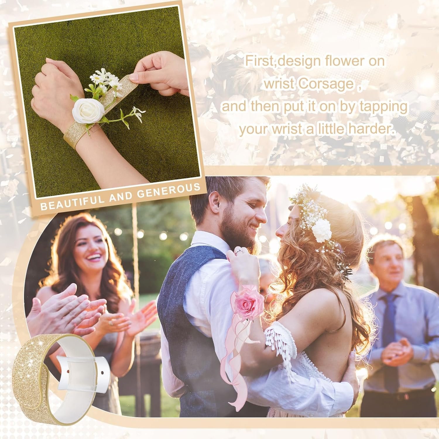 Wholesale 6 Pieces Wrist Corsage Bracelets with Acrylic Base Floral Wristlets Wedding DIY Accessories for Bridesmaids Bridal Shower Party Prom Supplier