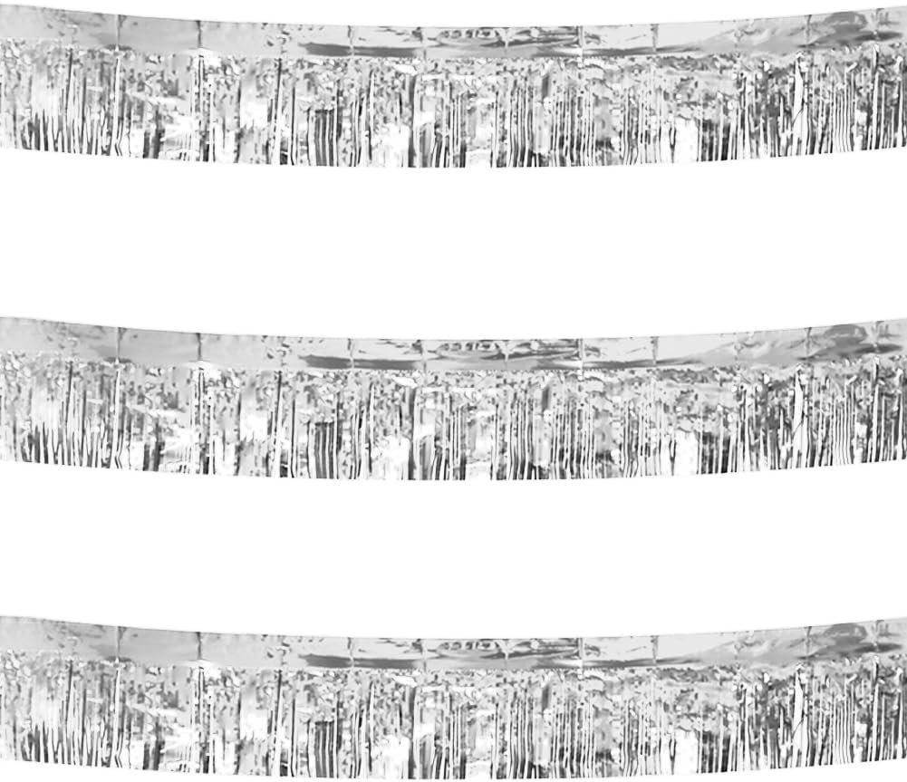 3 Pack Total 30 Silver Feet Foil Fringe Garland Metallic Wall Hanging Drapes Tassel Skirting Tinsel Streamers Decorations for Parade Float Trailer Mardi Gras Party Birthday Wedding