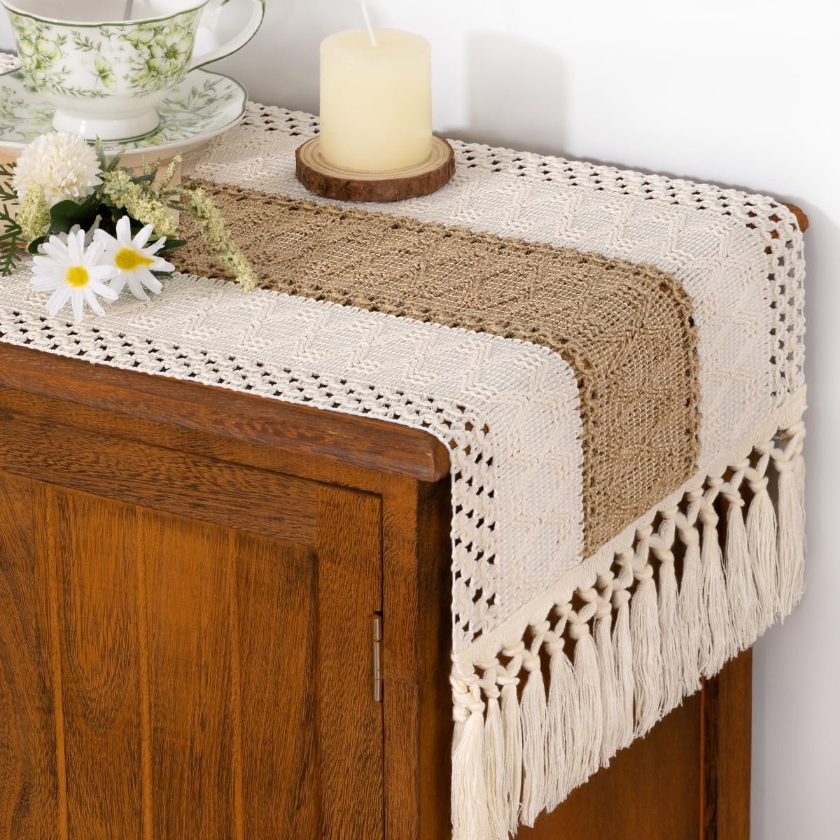 Wholesale Boho Macrame Table Runner Farmhouse Rustic Cotton Linen Valentine's Day Dining Kitchen Centerpiece Coffee Table Dresser Scarf Home Decor 12x36 Inch Supplier