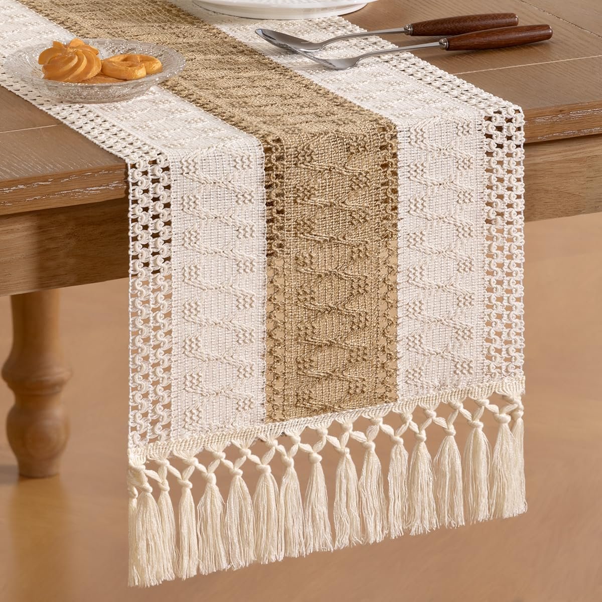 Wholesale Boho Macrame Table Runner Farmhouse Rustic Cotton Linen Valentine's Day Dining Kitchen Centerpiece Coffee Table Dresser Scarf Home Decor 12x36 Inch Supplier