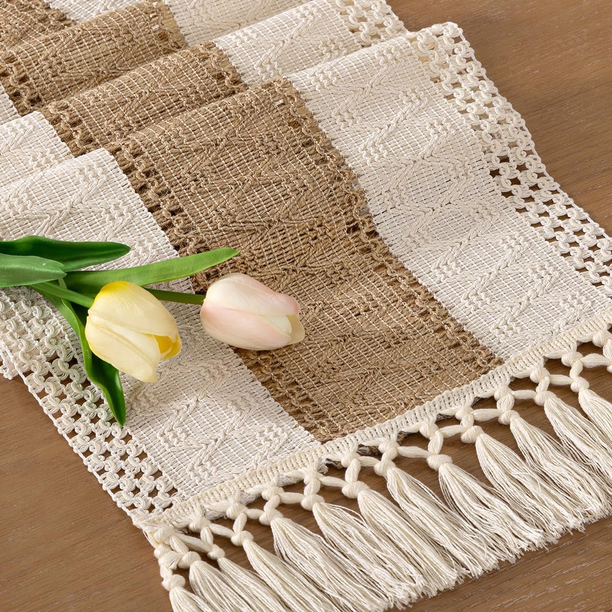 Socomi Boho Table Runner Valentine's Day Farmhouse Rustic Dining Kitchen Centerpiece Decor Small Macrame Woven Cotton Linen Coffee Table Runner for Dresser Scarf Home Decor 12x36 inch