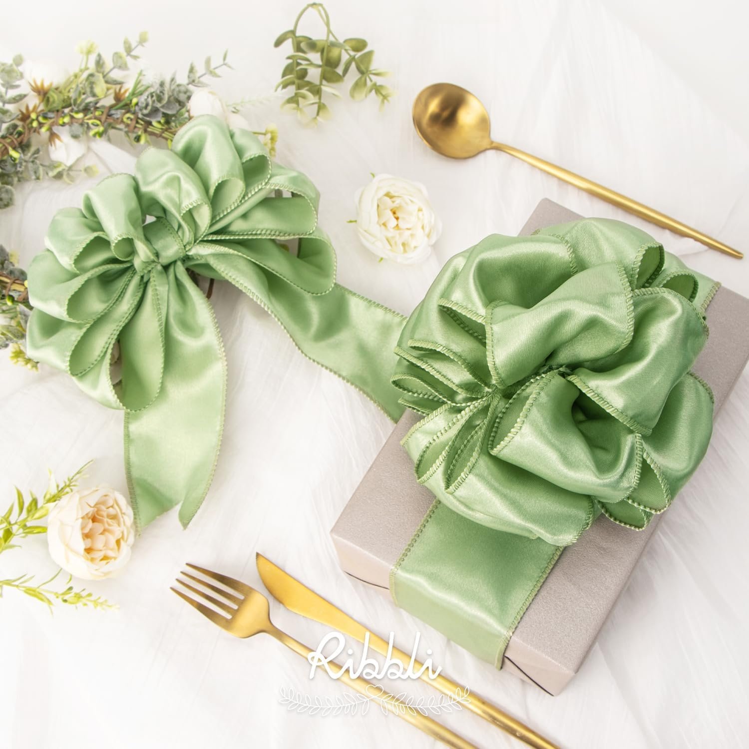 Wholesale Sage Green Satin Wired 2.5 Inch Christmas Ribbon for Gift Wrapping Wreaths Garland Tree Crafts Home Decor Continuous 20 Yards Supplier