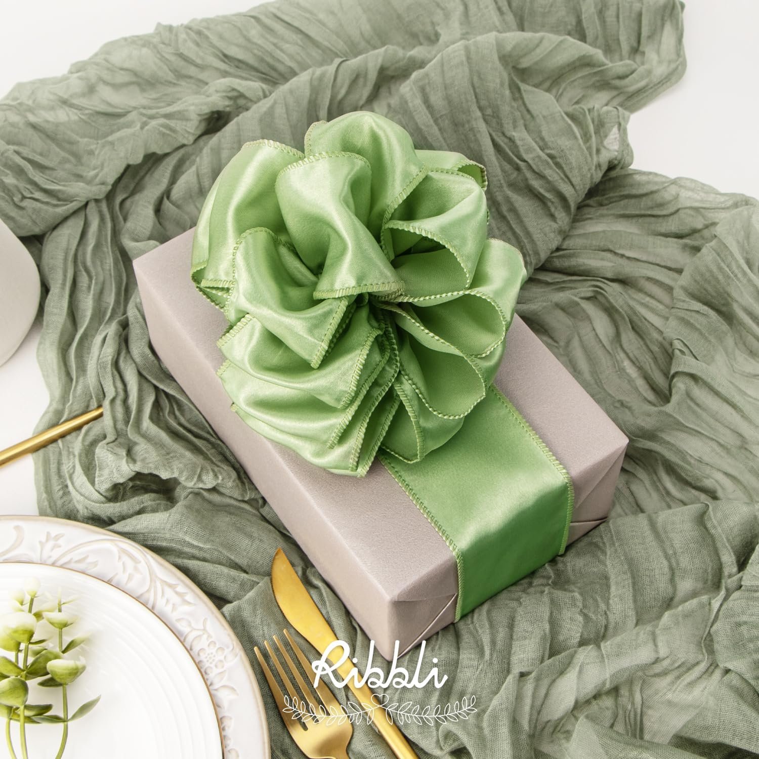 Wholesale Sage Green Satin Wired 2.5 Inch Christmas Ribbon for Gift Wrapping Wreaths Garland Tree Crafts Home Decor Continuous 20 Yards Supplier