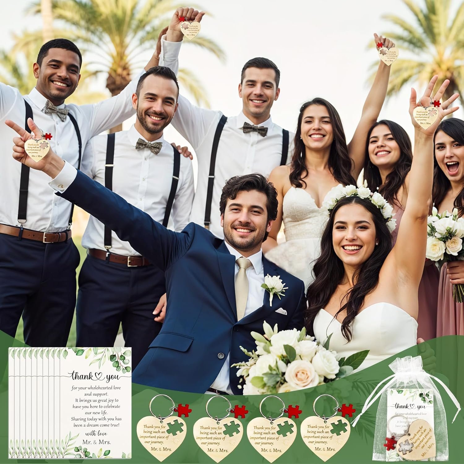 Wholesale Bulk 100 Wood Heart Puzzle Keychains Wedding Favors with Thank You Cards Organza Bags Bridal Shower Guests Supplier
