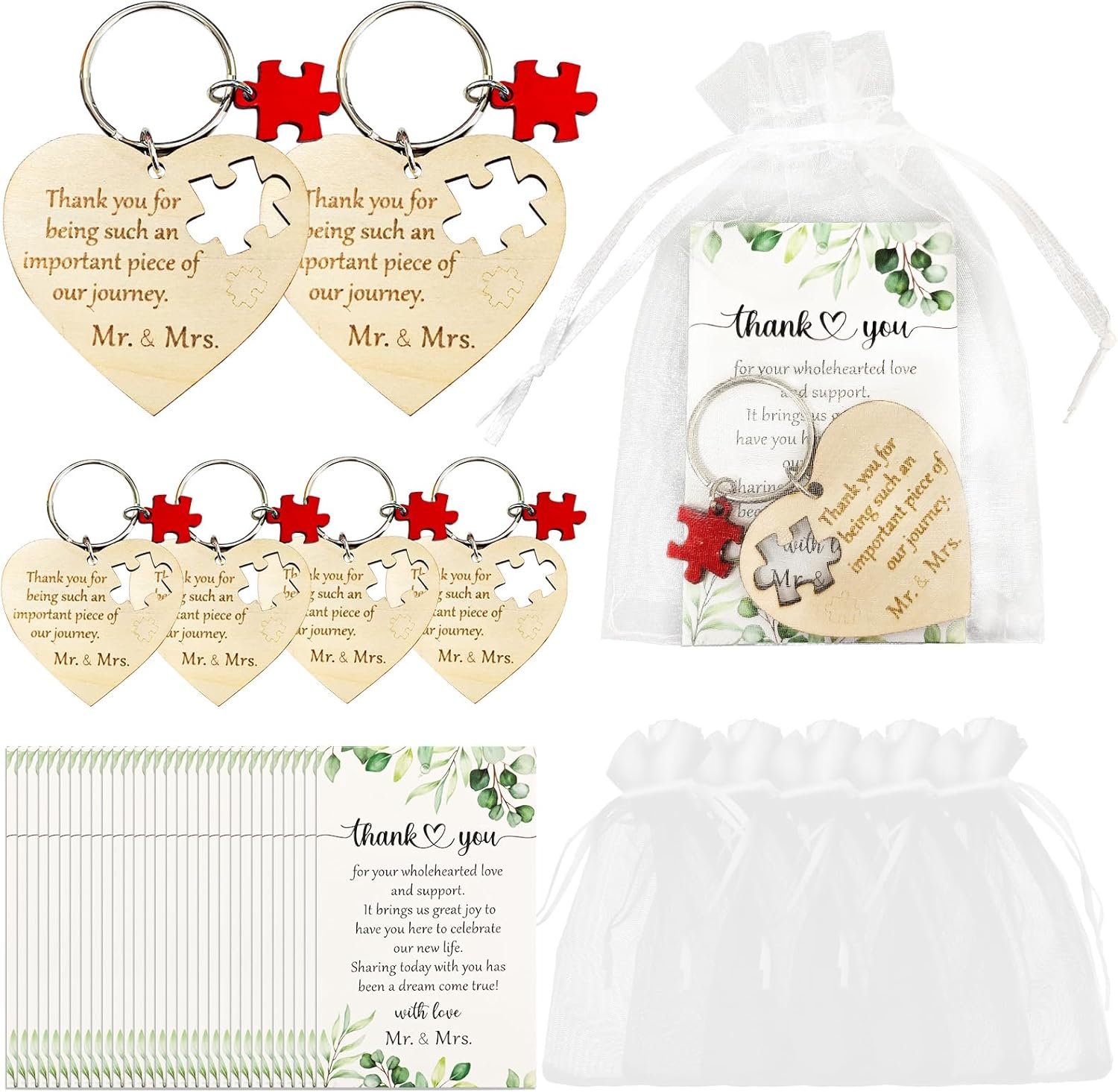 OurWarm Wedding Favors for Guests Bulk 100, Wood Heart Puzzle Keychains Wedding Souvenirs Gifts with Thank You Cards and Organza Bags, Bridal Shower Party Favors for Guests