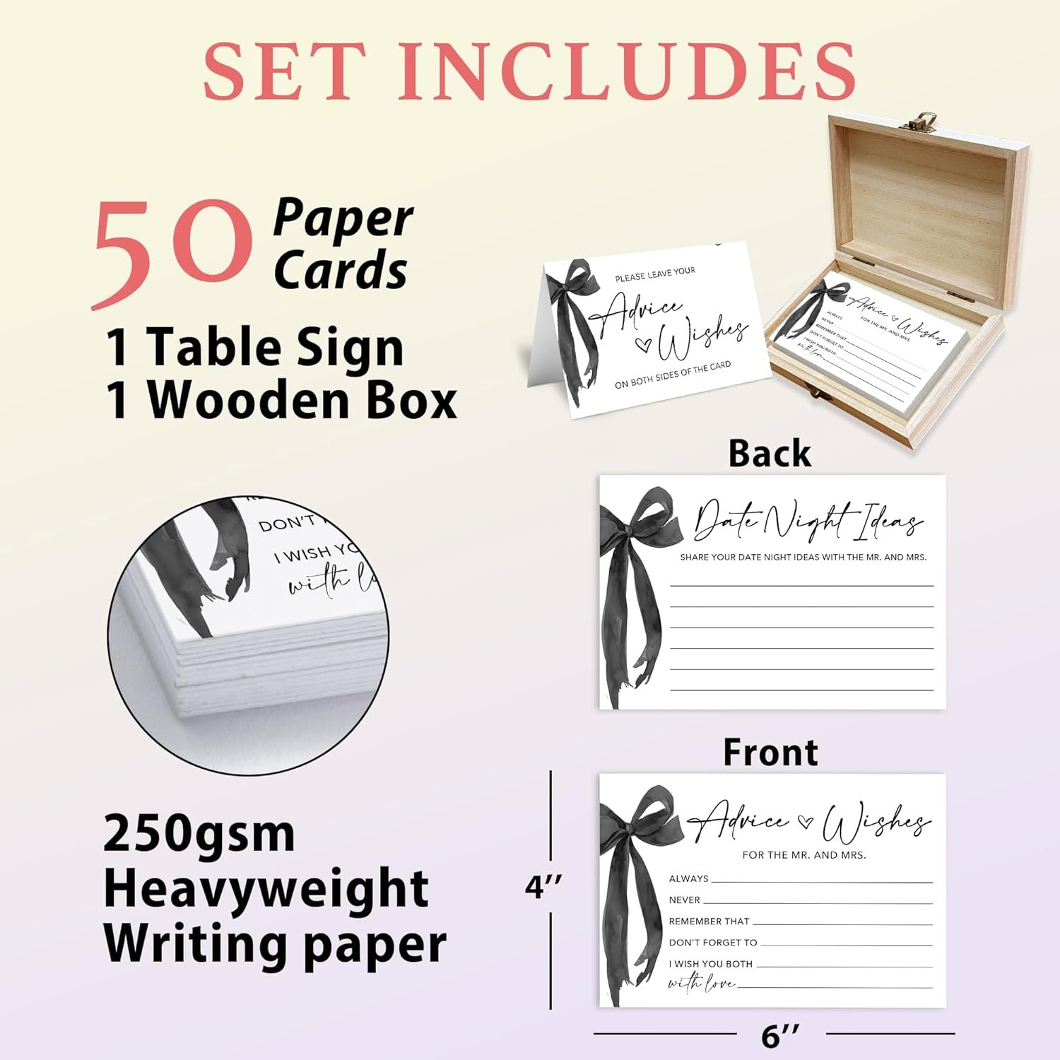 Wholesale 50 Pcs Mr and Mrs Advice and Wishes Cards in Box Black Bow Bridal Shower Guest Book for Newlywed Games Reception Decor Engagement Parties Anniversary Supplier