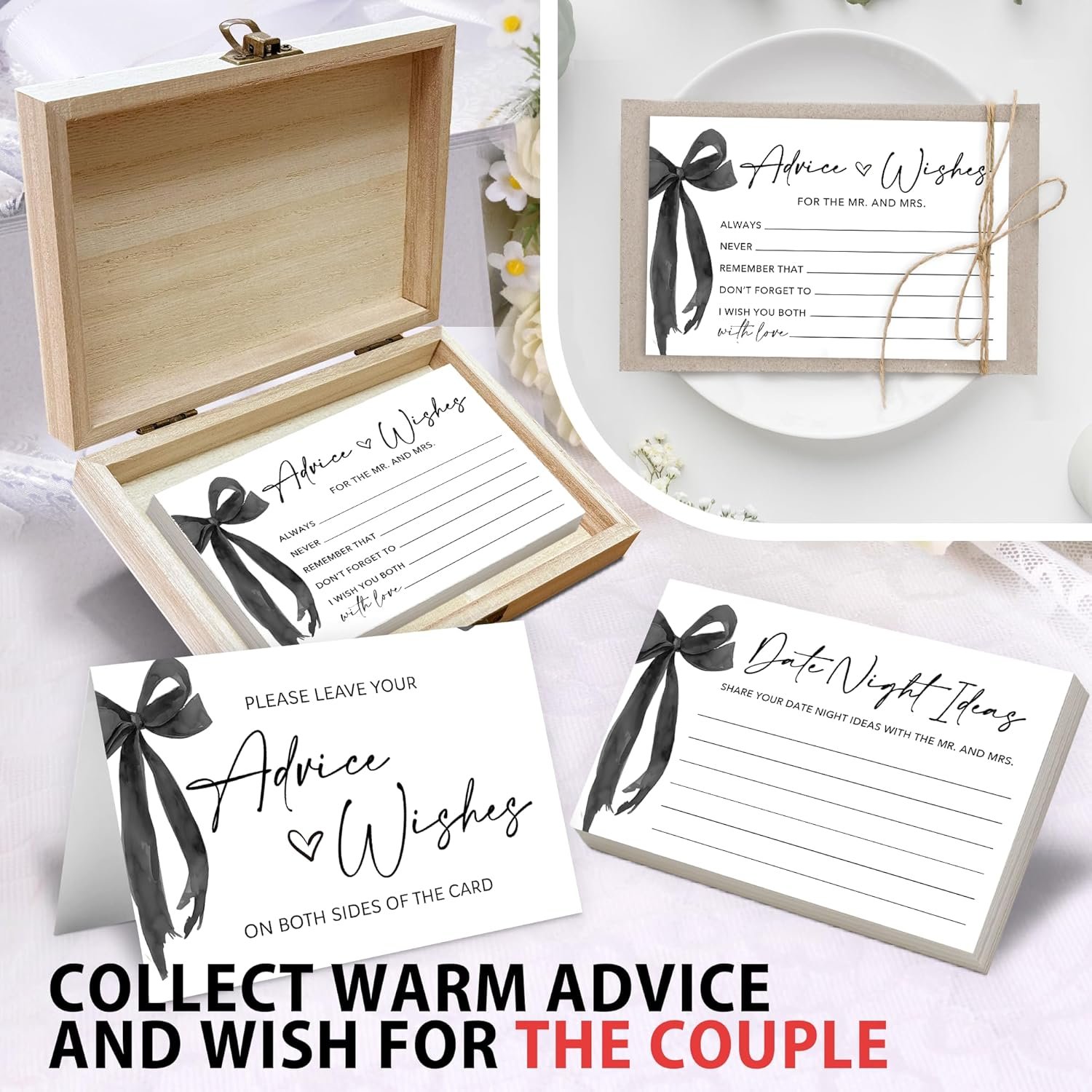 Wholesale 50 Pcs Mr and Mrs Advice and Wishes Cards in Box Black Bow Bridal Shower Guest Book for Newlywed Games Reception Decor Engagement Parties Anniversary Supplier