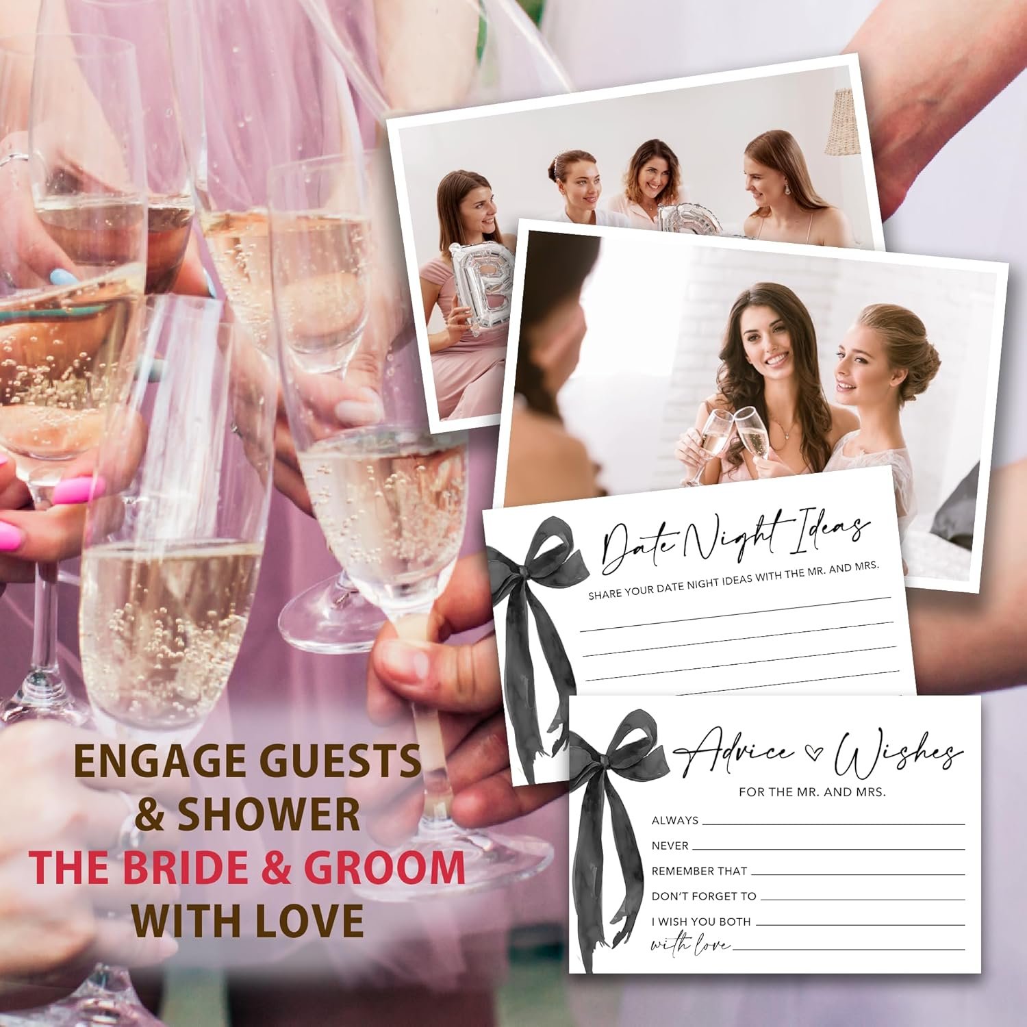 Wholesale 50 Pcs Mr and Mrs Advice and Wishes Cards in Box Black Bow Bridal Shower Guest Book for Newlywed Games Reception Decor Engagement Parties Anniversary Supplier