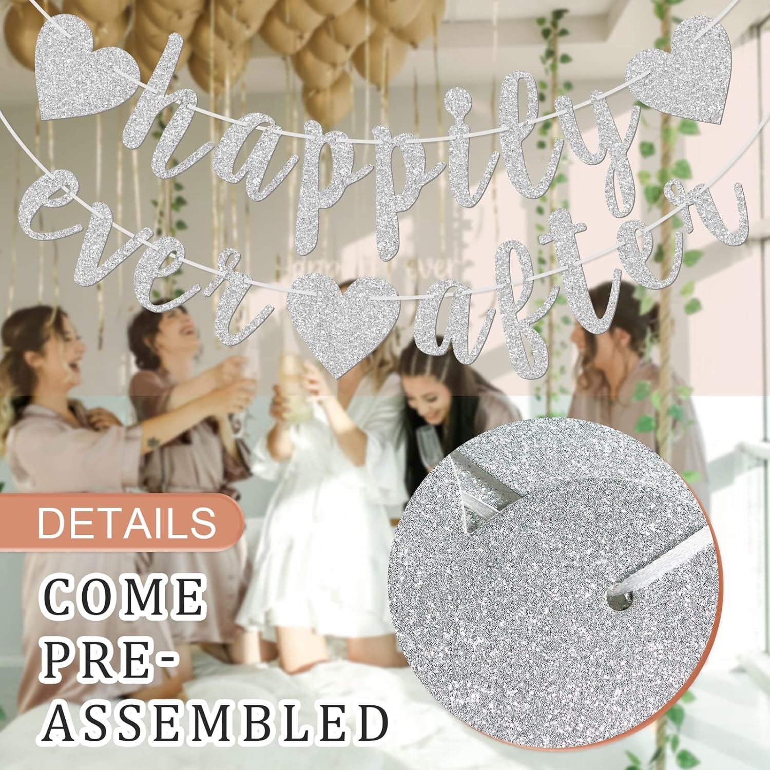 Wholesale Silver Glitter Happily Ever After Pre-Strung Cursive Bunting Banner Engagement Bridal Shower Wedding Photo Booth Props Supplier