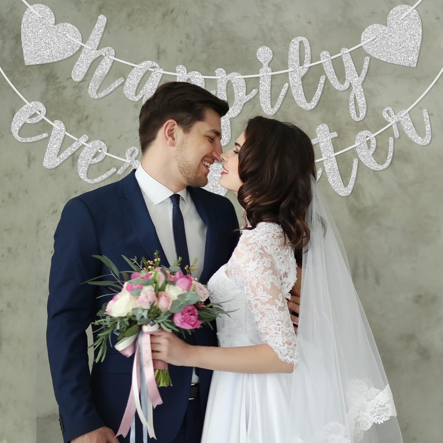 Wholesale Silver Glitter Happily Ever After Pre-Strung Cursive Bunting Banner Engagement Bridal Shower Wedding Photo Booth Props Supplier