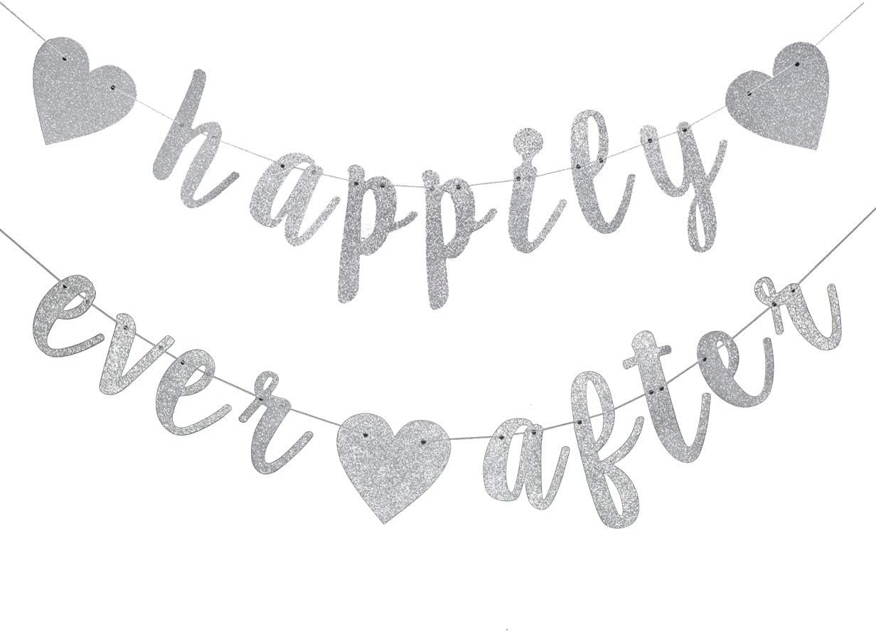 Happily Ever After Silver Glitter Bunting Banner, Engagement, Bridal Shower, Wedding Party Photo Booth Props Signs,Pre-Strung Cursive Bunting