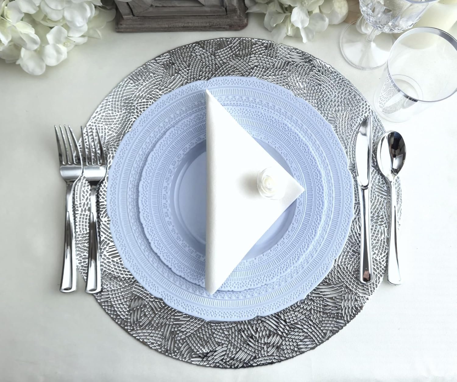 Wholesale 50 Plates Pack (25 Guests) Extra Heavyweight Vintage Wedding Disposable Reusable Plastic Plates 25x11'' Dinner + 25x8.25'' Salad Dessert Blue Supplier