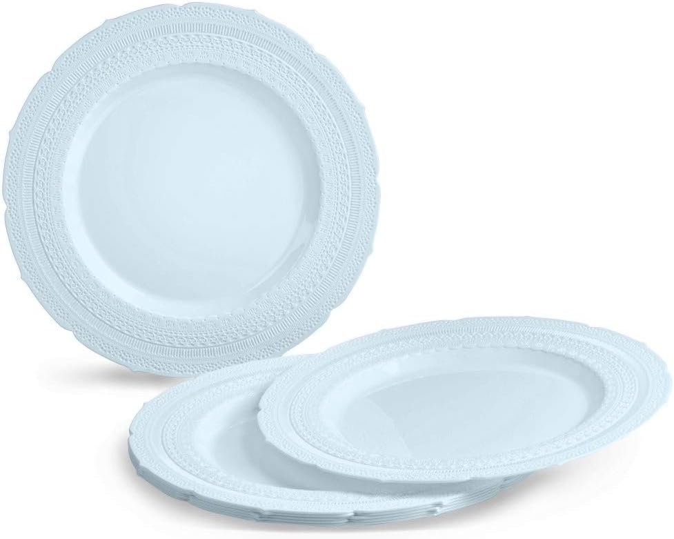 Wholesale 50 Plates Pack (25 Guests) Extra Heavyweight Vintage Wedding Disposable Reusable Plastic Plates 25x11'' Dinner + 25x8.25'' Salad Dessert Blue Supplier