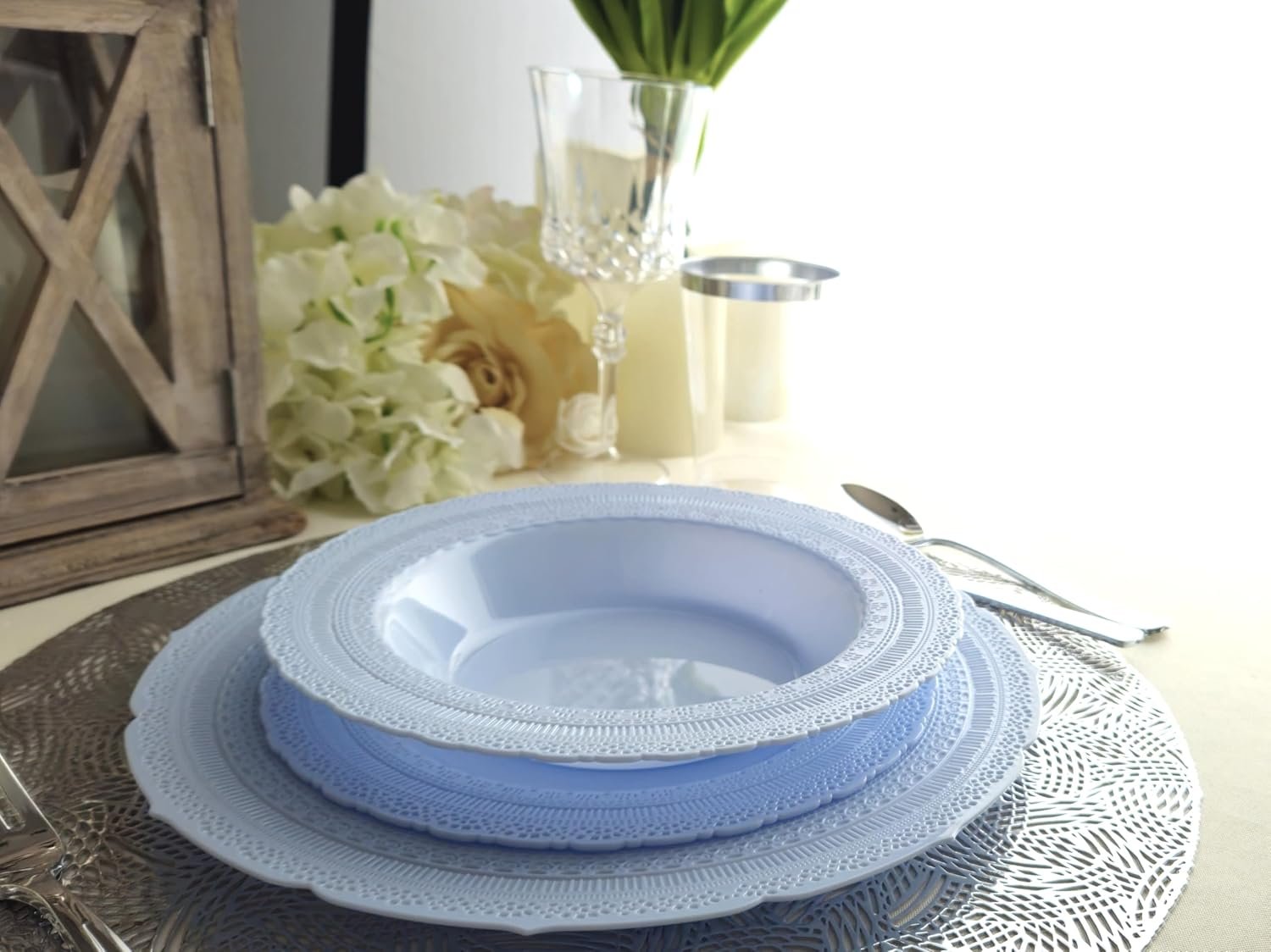 Wholesale 50 Plates Pack (25 Guests) Extra Heavyweight Vintage Wedding Disposable Reusable Plastic Plates 25x11'' Dinner + 25x8.25'' Salad Dessert Blue Supplier