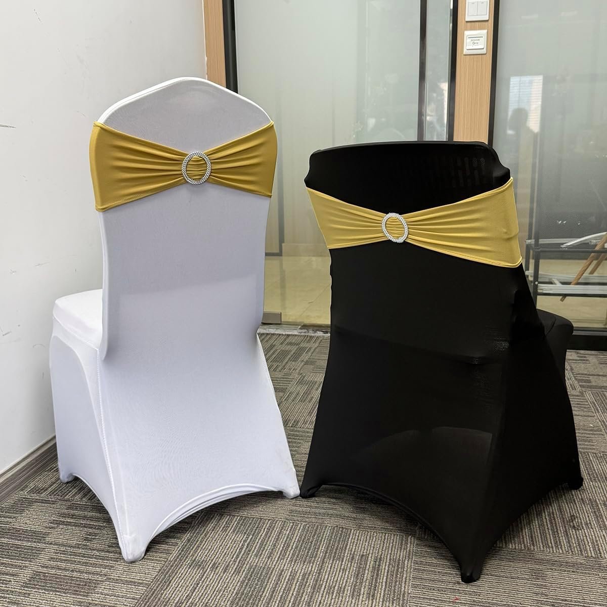Wholesale 50PCS Spandex Stretch Chair Sashes Ties Bows with Buckle Slider for Wedding Party Banquet Decoration Gold Supplier