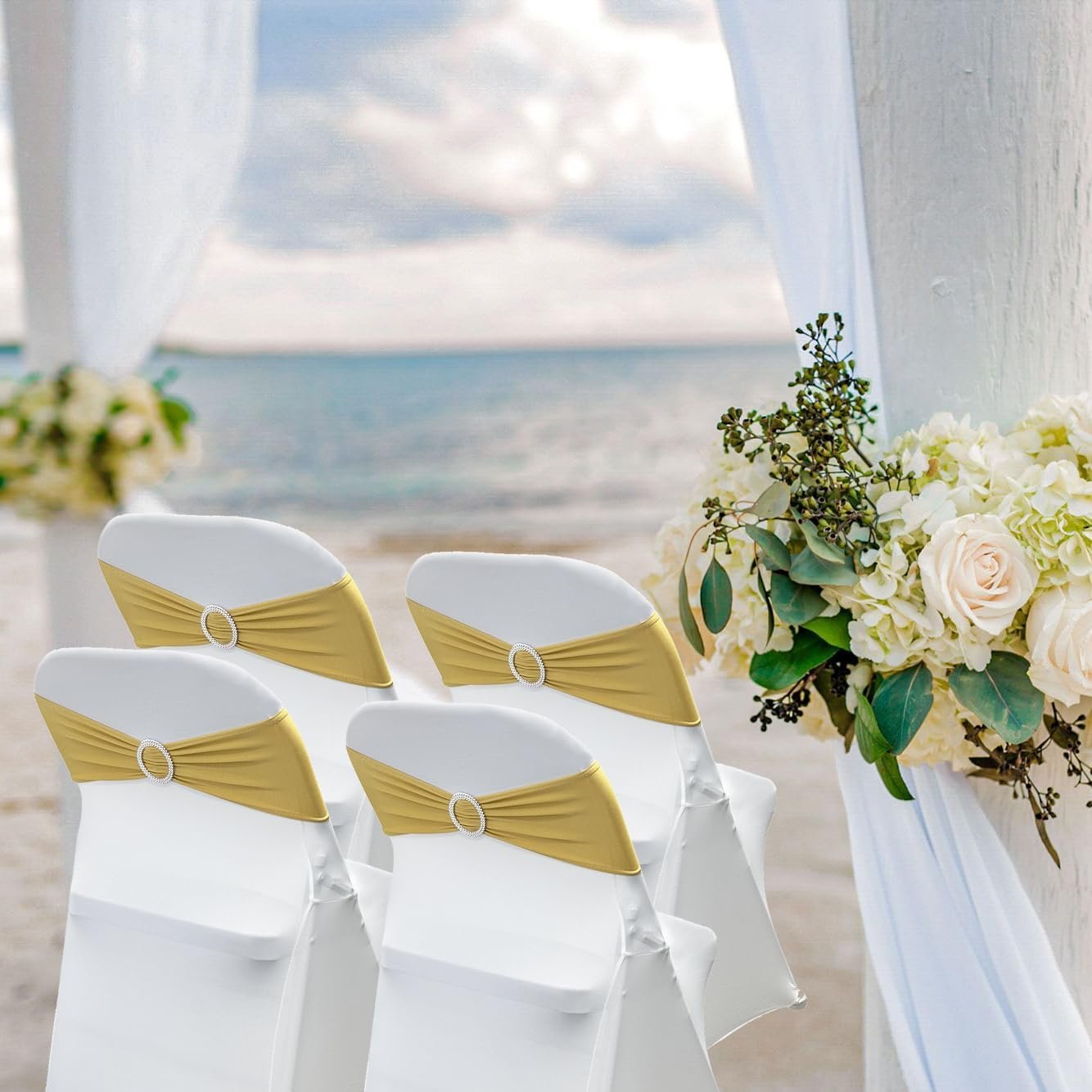 Wholesale 50PCS Spandex Stretch Chair Sashes Ties Bows with Buckle Slider for Wedding Party Banquet Decoration Gold Supplier