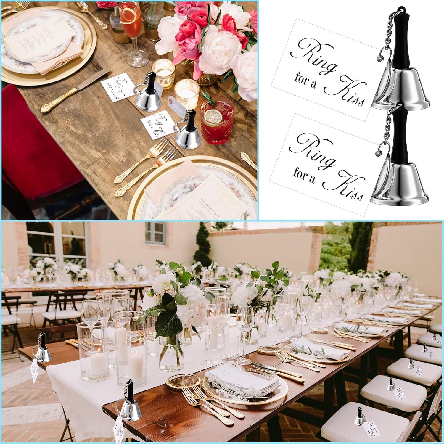 Wholesale 24 Set Mini Kissing Wedding Bells Ring for a Kiss with Tags Bulk Reception Decorations Goody Bags Party Supplies Silver Supplier