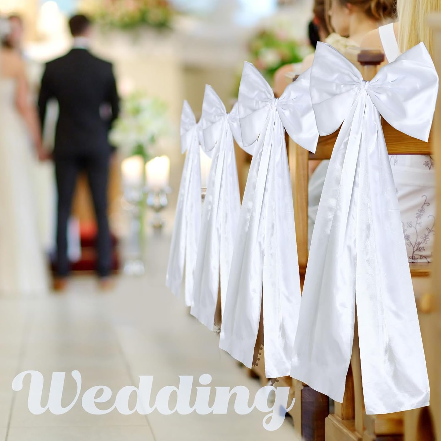 Wholesale Large Wedding Pew Bows with Long Tails 12 x 29.5 Inch Satin Ribbon Aisle Background Decor for Bridal Shower Reception Ceremony White 12 Pcs Supplier