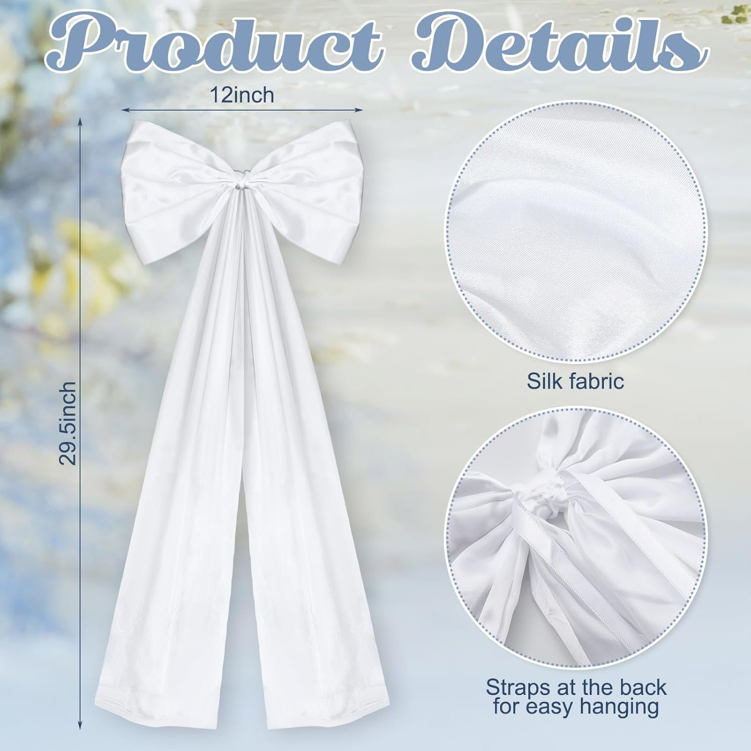 Wholesale Large Wedding Pew Bows with Long Tails 12 x 29.5 Inch Satin Ribbon Aisle Background Decor for Bridal Shower Reception Ceremony White 12 Pcs Supplier