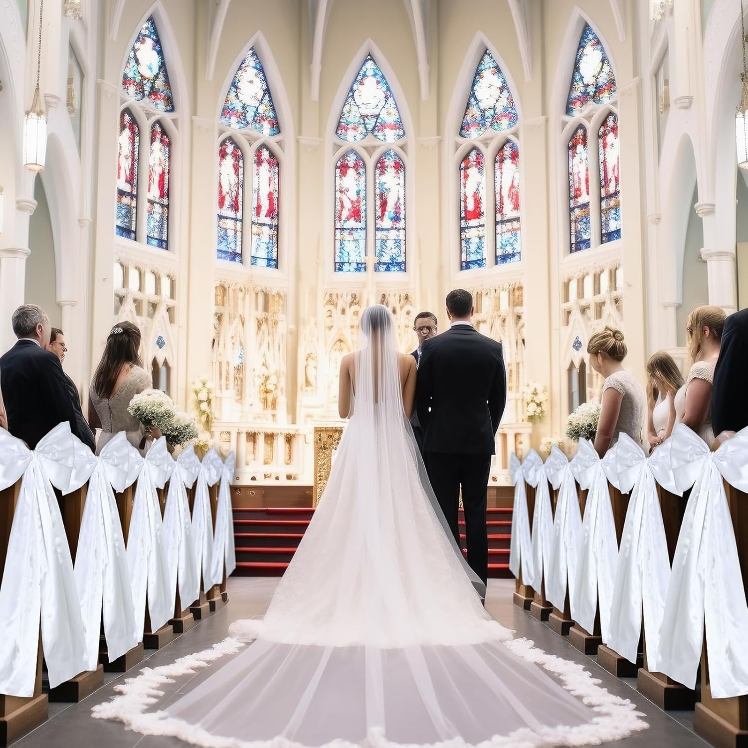 Wholesale Large Wedding Pew Bows with Long Tails 12 x 29.5 Inch Satin Ribbon Aisle Background Decor for Bridal Shower Reception Ceremony White 12 Pcs Supplier